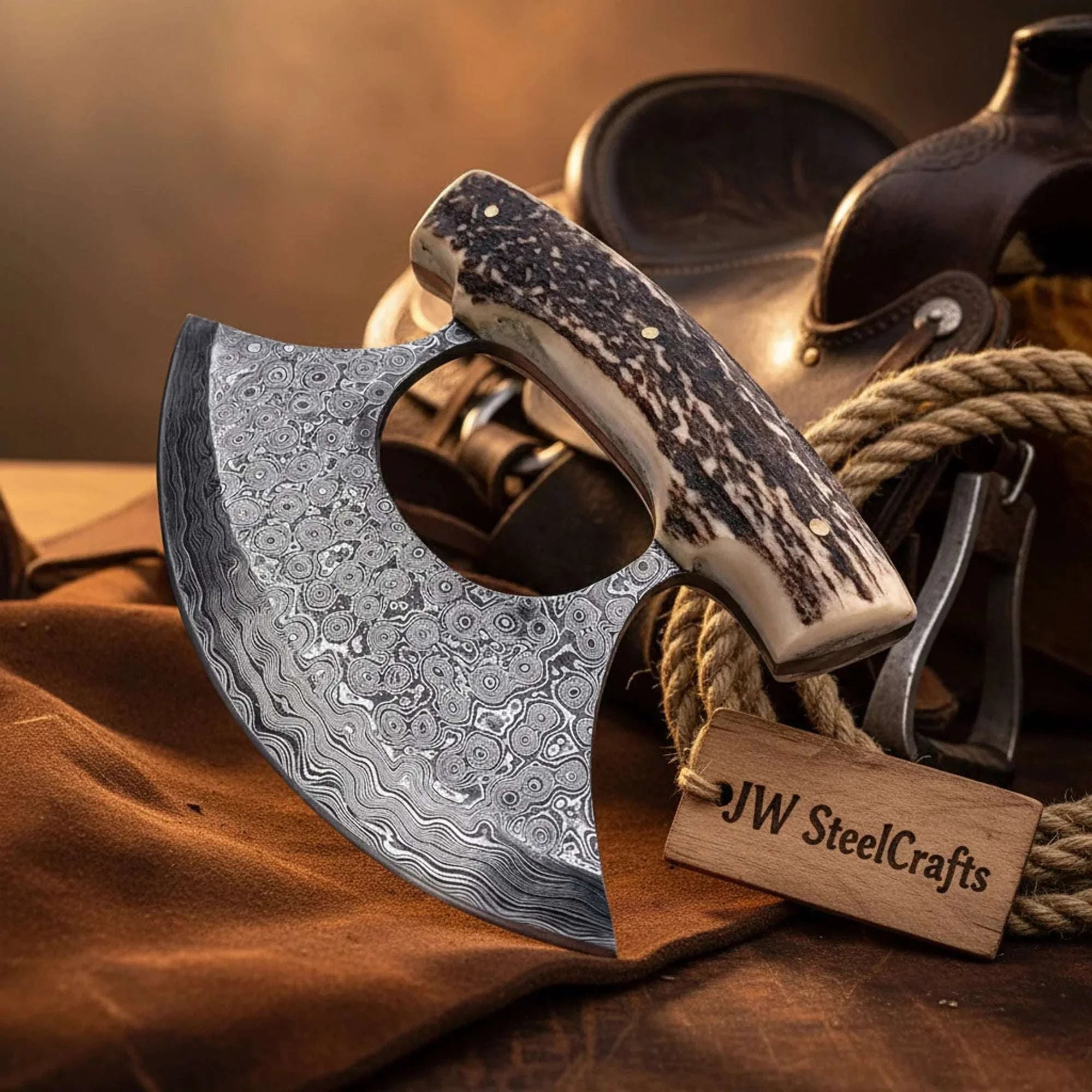 Palmarius Outdoors Stag-Horn Ulu with Damascus Raindrop Blade for Kitchen Ulu knife