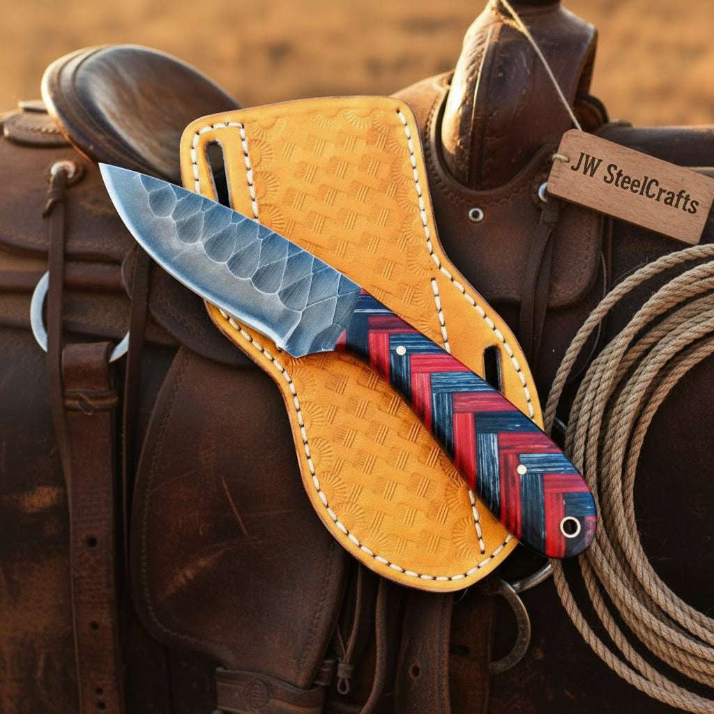 Palmarius Outdoors Old Glory Chevron Hunting Knife 8" Handmade Hammered Finish with Resin Handle Hunting Knife