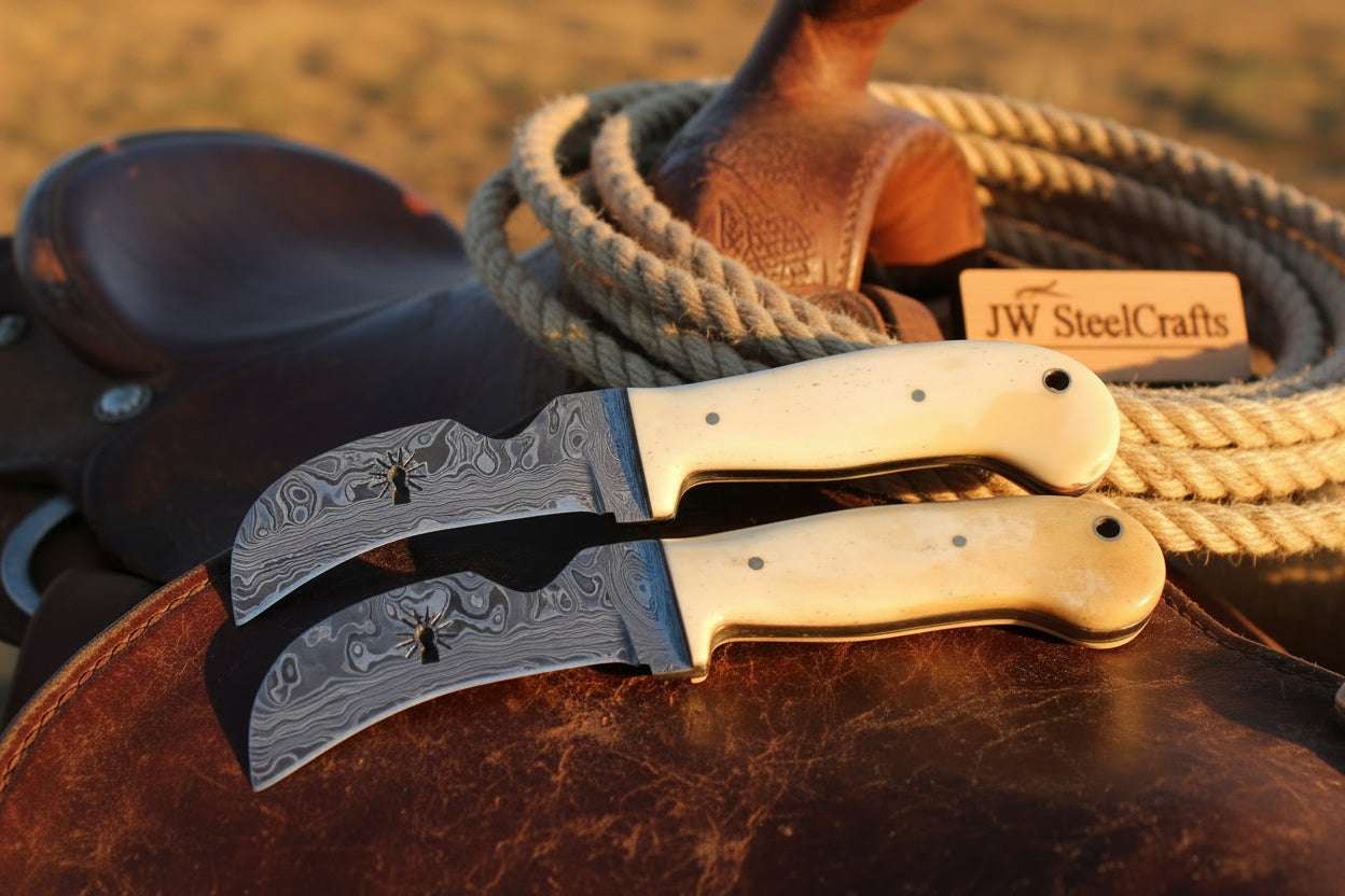 Palmarius Outdoors Ivory Bone Karambit Duo Knife 6" Handmade Damascus Matching Set of 2 with bone handle Karambit Knife