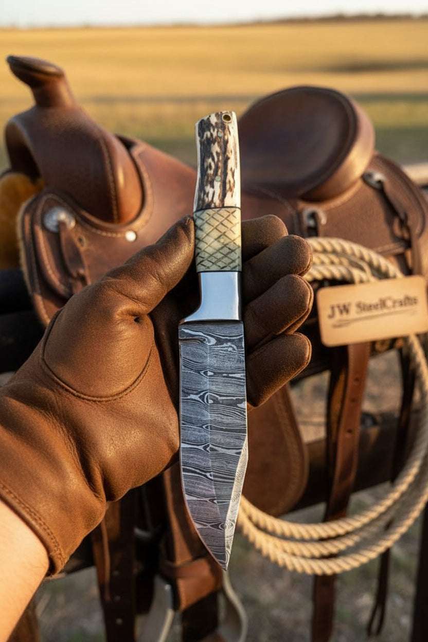 Palmarius Outdoors Frontier Stag Damascus Hunting Knife 9" Cross-Hatch Stag Horn Hunting Knife