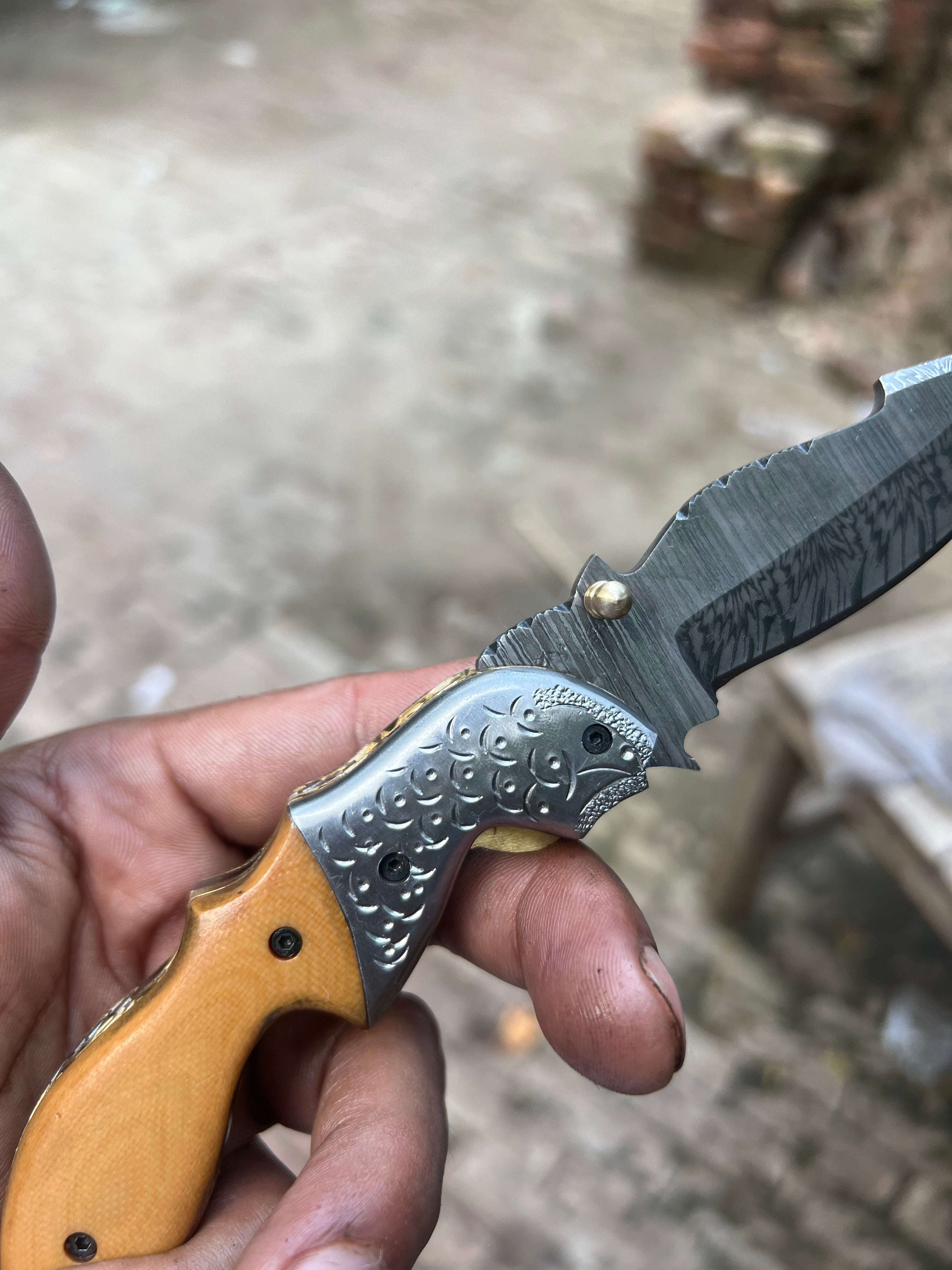Palmarius Outdoors Honeywood Hawkbill Folder Knife 8" Handmade Wood Handle Damascus Blade Folding Knife