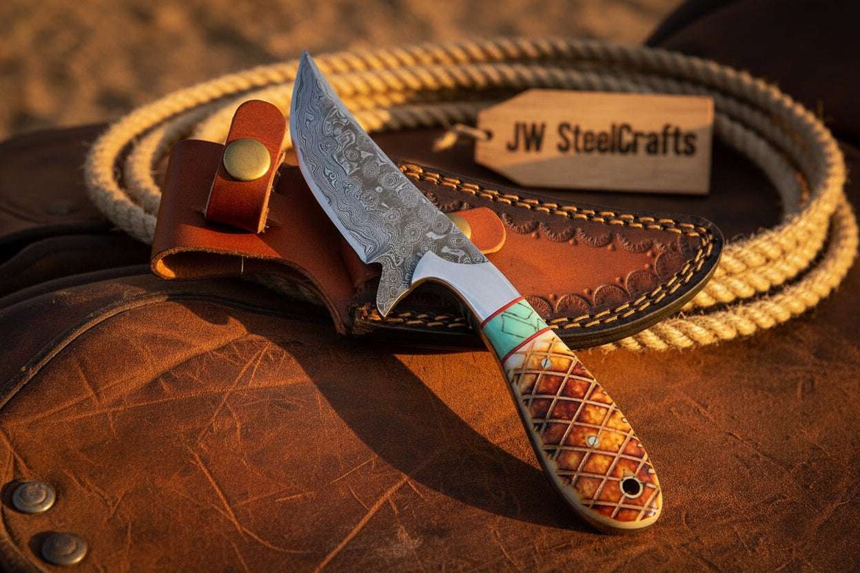 Palmarius Outdoors Turquoise Inlay Skinner Knife 9" Handmade Damascus with Turquoise Inlay Skinner Knife
