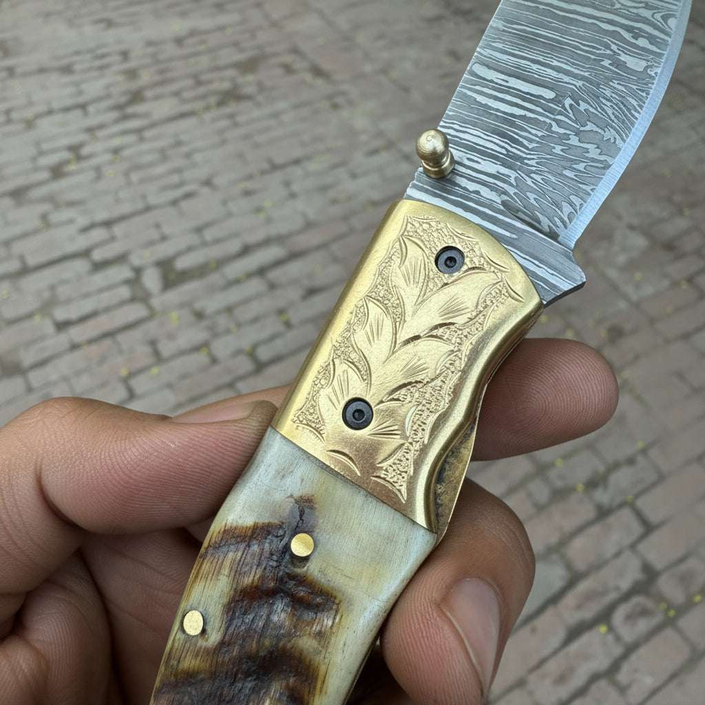 Palmarius Outdoors Stagline Damascus Folder 7" Handmade Horn Handle Damascus Bolster Folding Knife