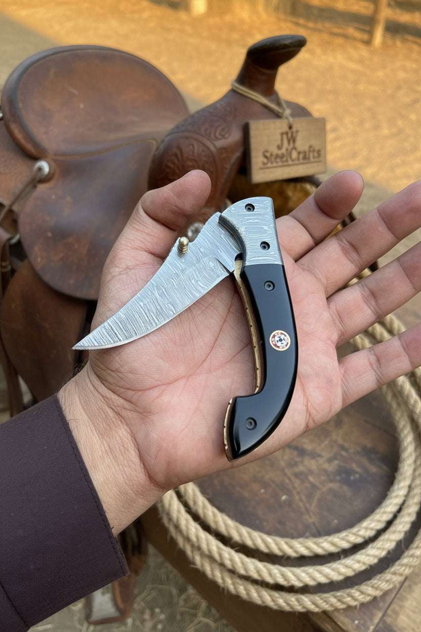 Palmarius Outdoors Darkridge Talon Folder Knife 8" Handmade Damascus Steel Hawkbill Blade Folding Knife