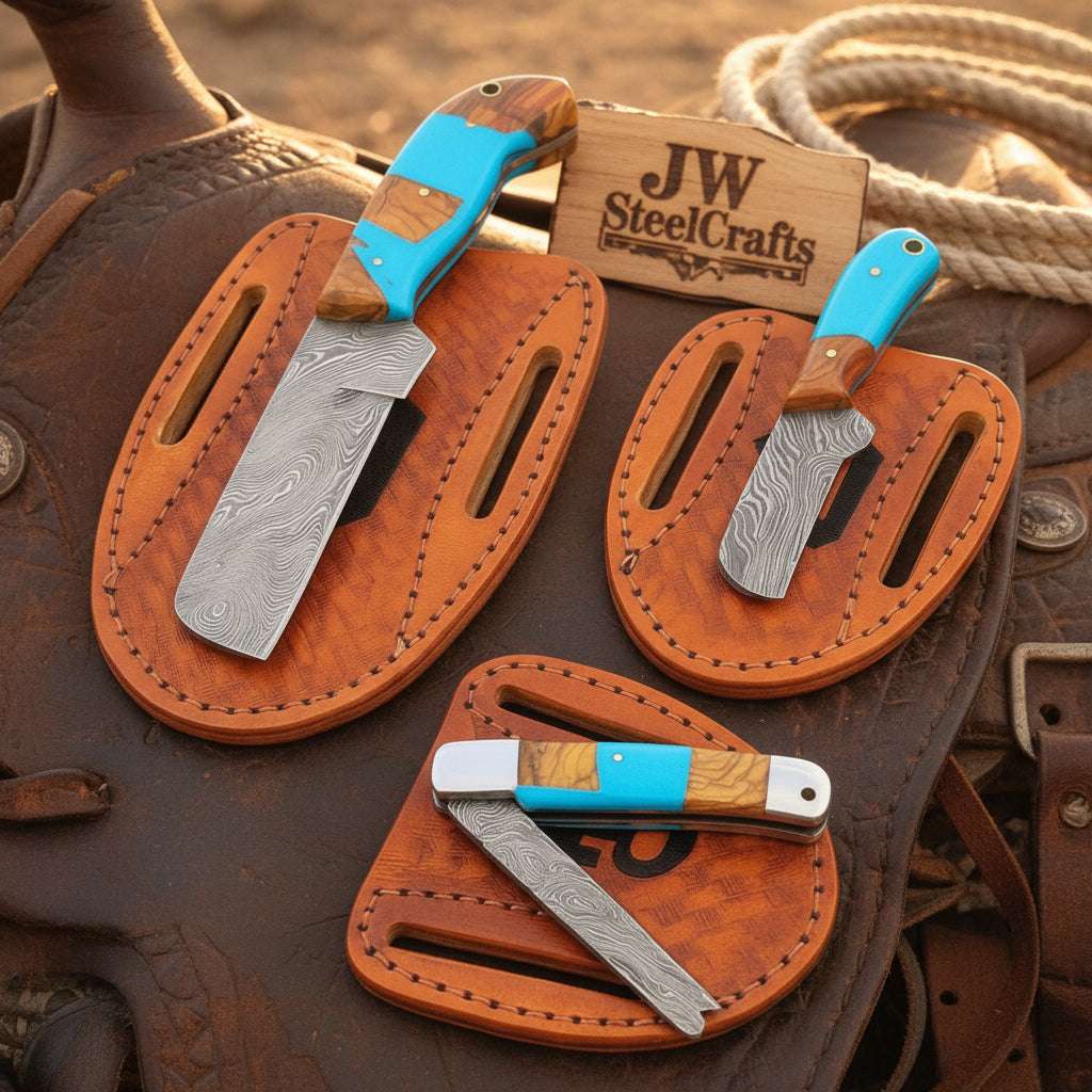 Palmarius Outdoors Turquoise Trail Bull Cutter Trio Set 3 with wood and turquoise resin Handle Bull Cutter Knives Set