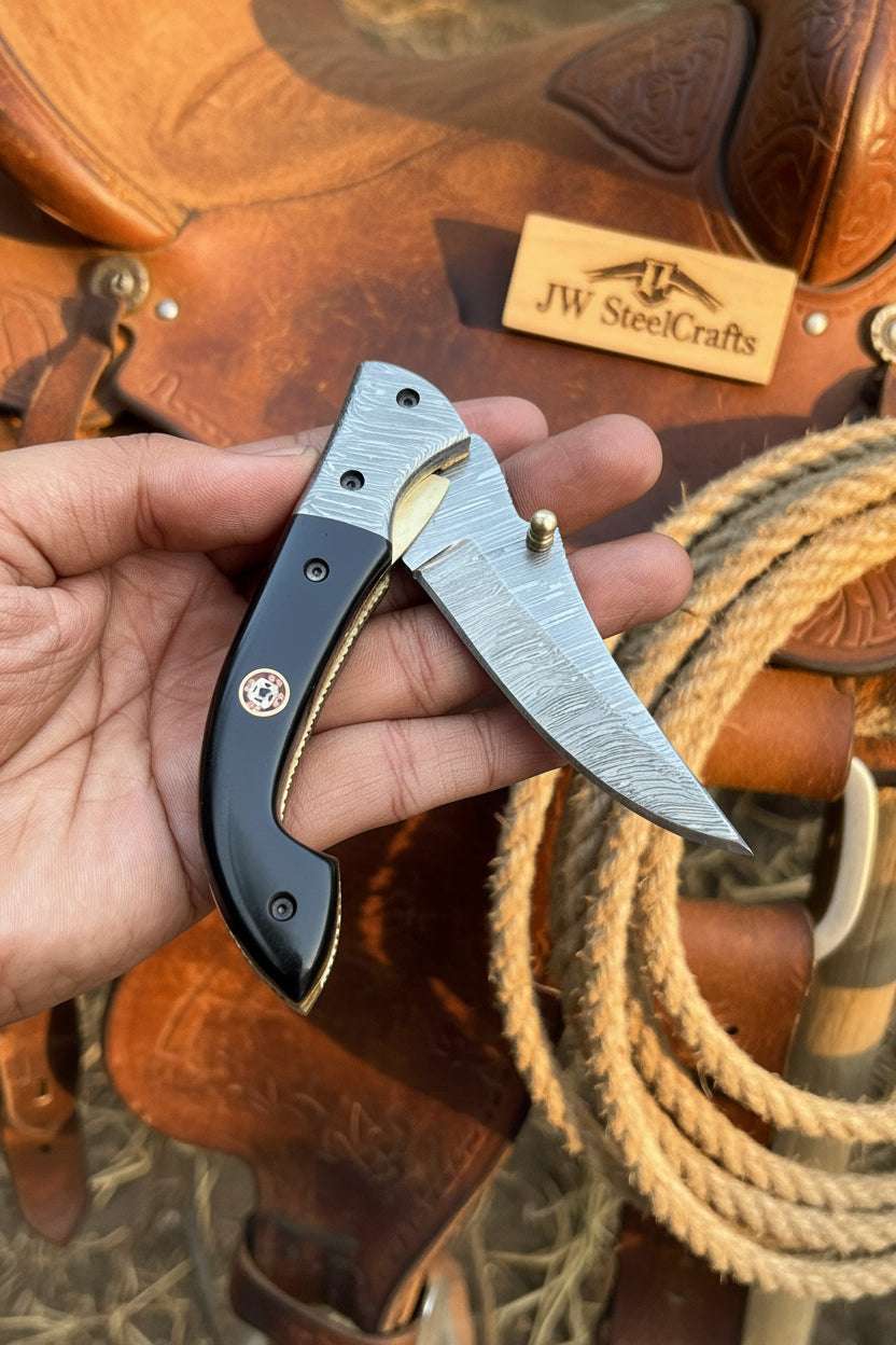 Palmarius Outdoors Darkridge Talon Folder Knife 8" Handmade Damascus Steel Hawkbill Blade Folding Knife