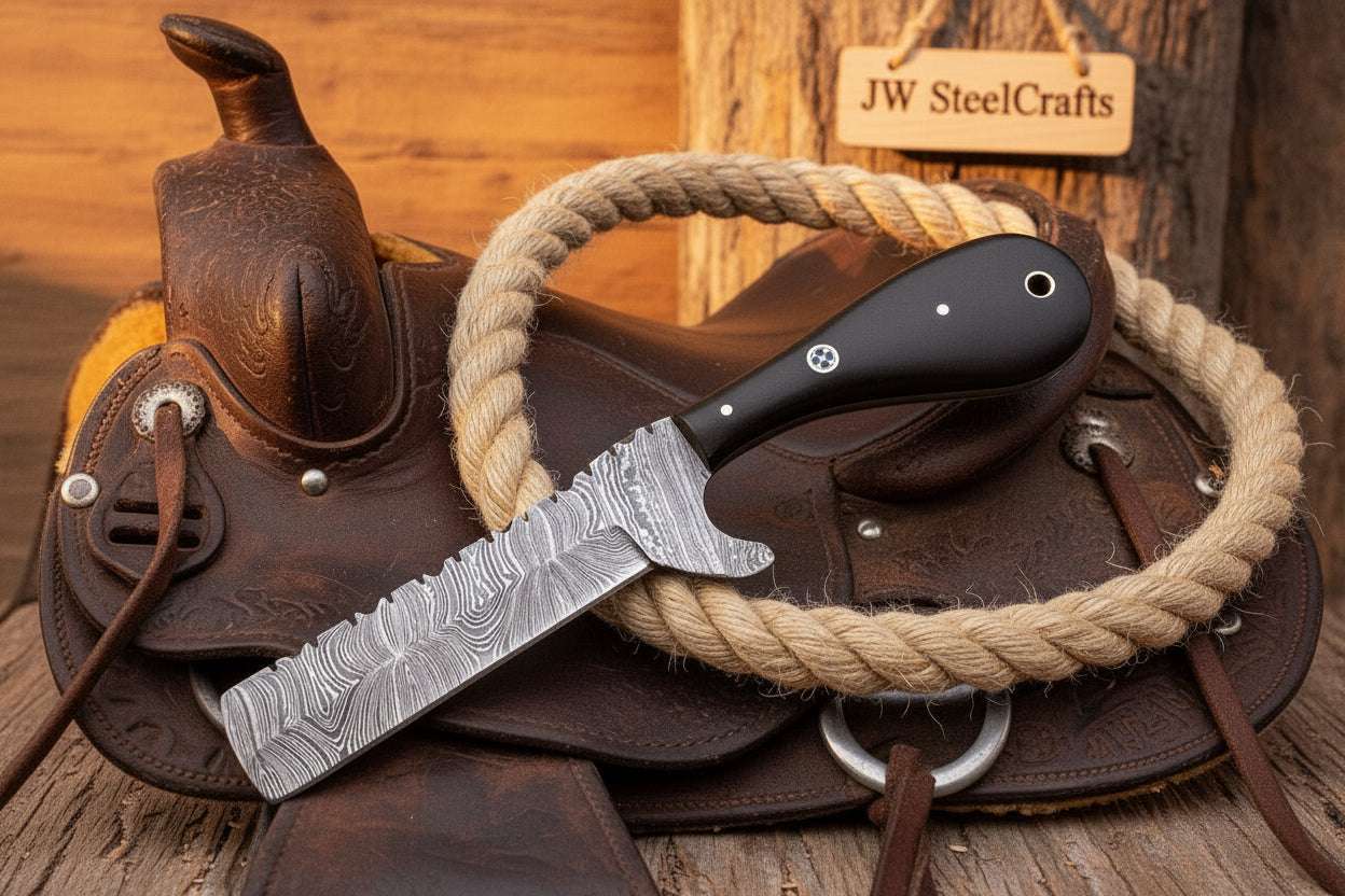 Palmarius Outdoors Blackhorn Bull Cutter Knife 7" Handmade Ladder Damascus Black Resin Handle Bull Cutter Knives Set