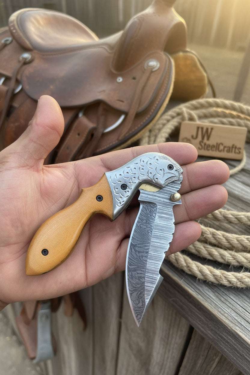 Palmarius Outdoors Honeywood Hawkbill Folder Knife 8" Handmade Wood Handle Damascus Blade Folding Knife
