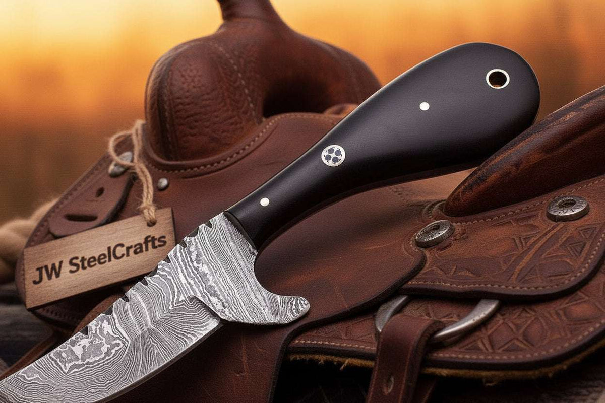 Palmarius Outdoors Blackhorn Bull Cutter Knife 7" Handmade Ladder Damascus Black Resin Handle Bull Cutter Knives Set