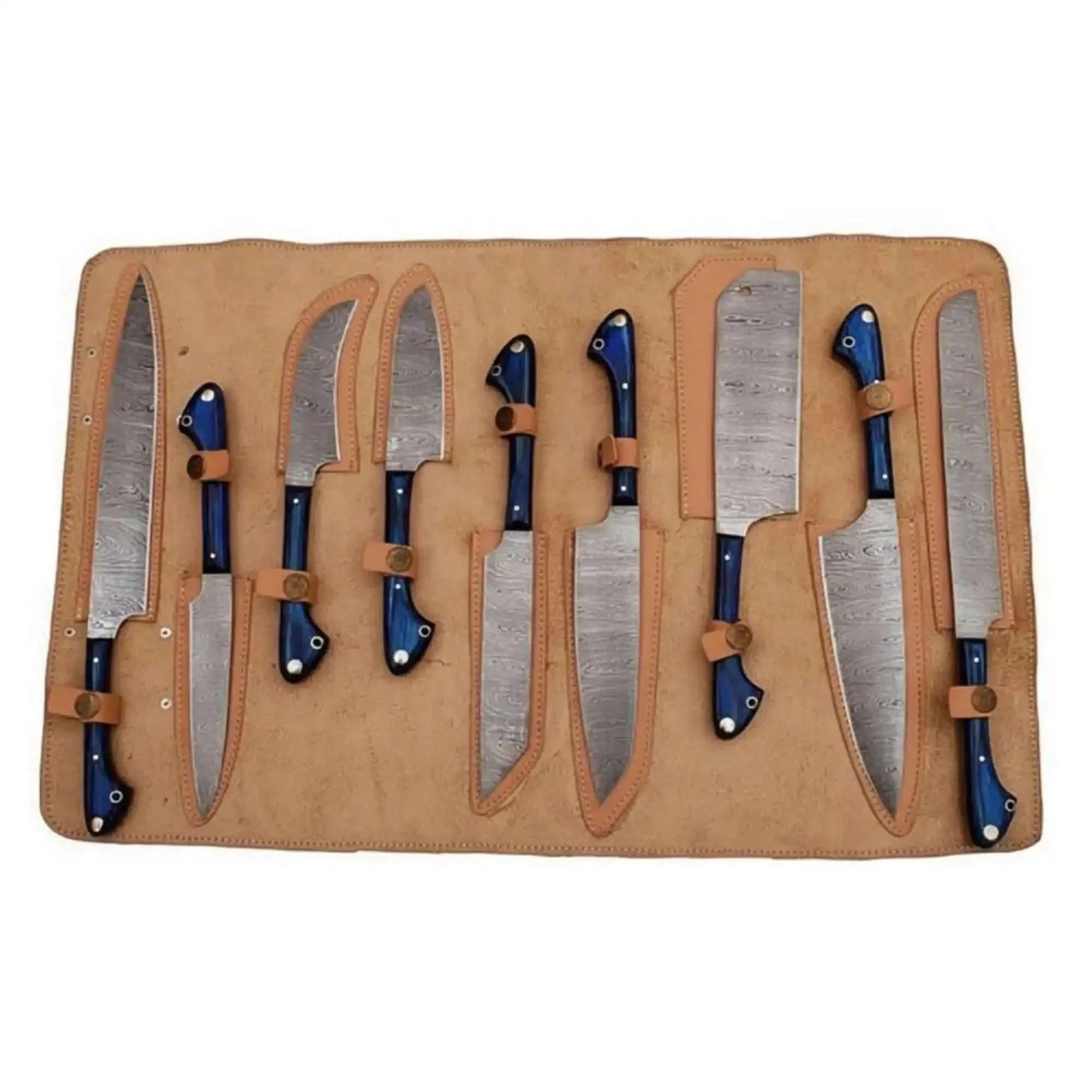 Palmarius Outdoors 9-Piece Damascus Kitchen Knife Set with Leather Roll and Blue Pakka Wood Handles Handmade Chef Knife Sets