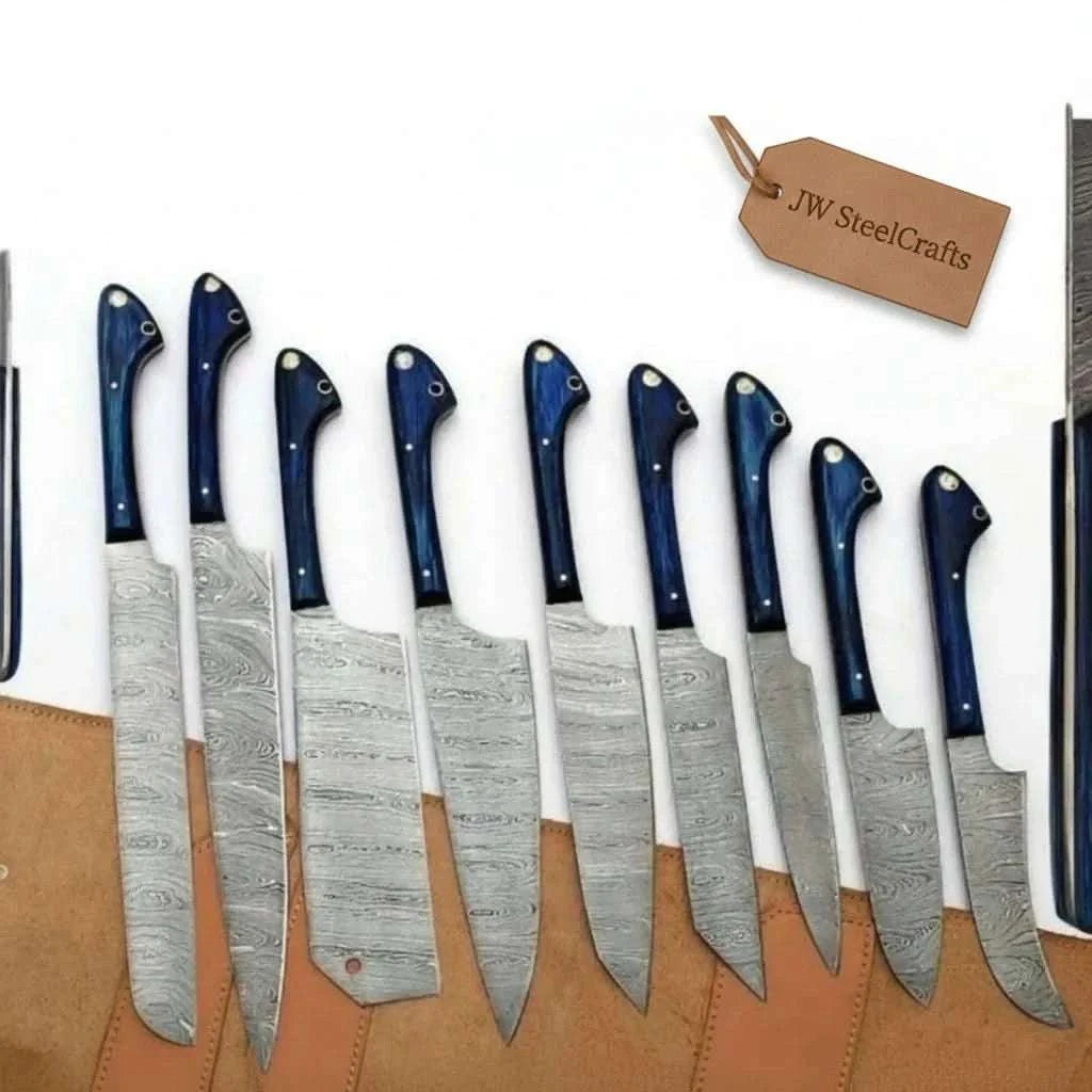 Palmarius Outdoors 9-Piece Damascus Kitchen Knife Set with Leather Roll and Blue Pakka Wood Handles Handmade Chef Knife Sets