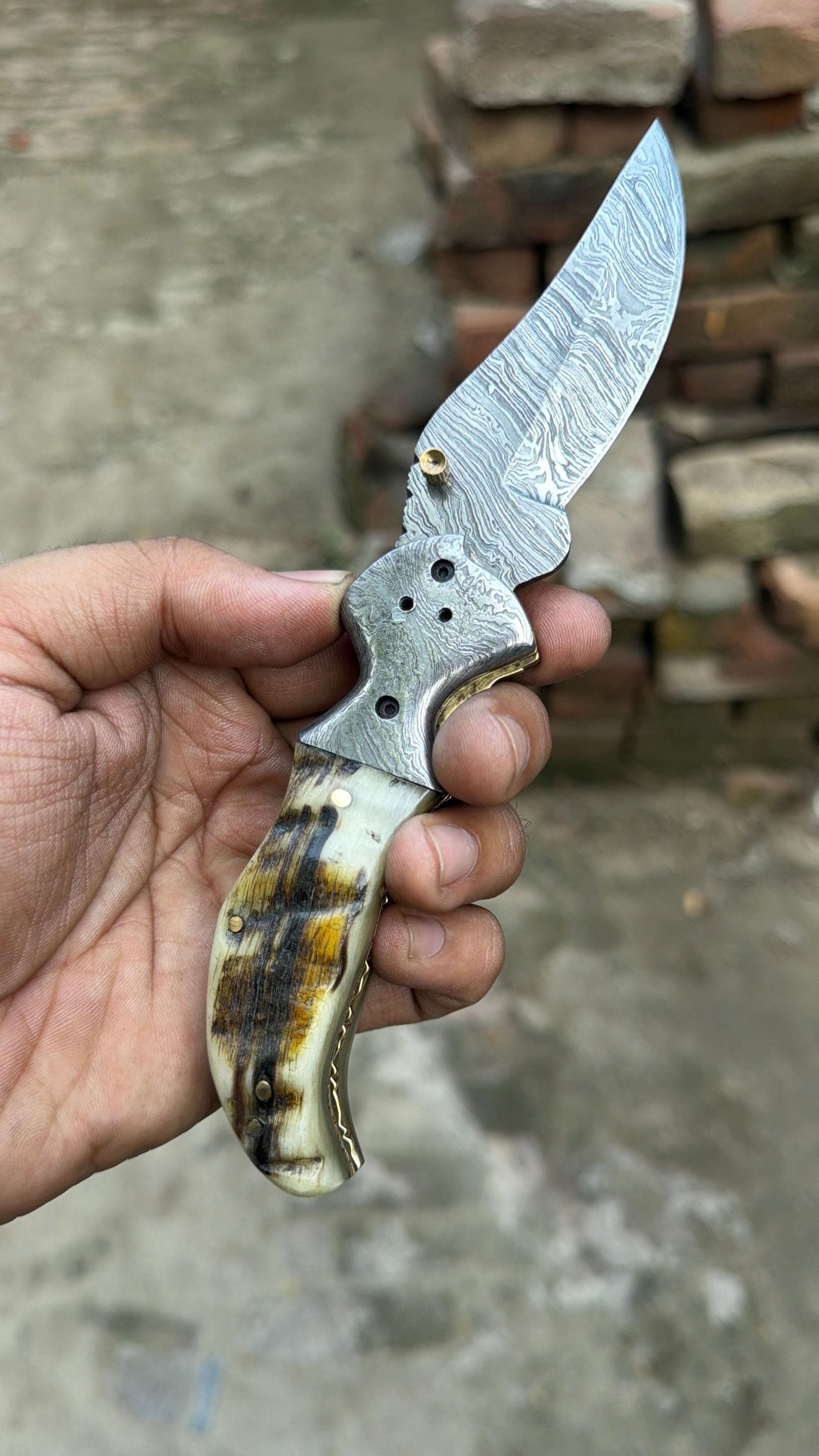 Palmarius Outdoors Pearlridge Damascus Folder 7" Handmade Mother of Pearl Lock Back Back Lock Folder