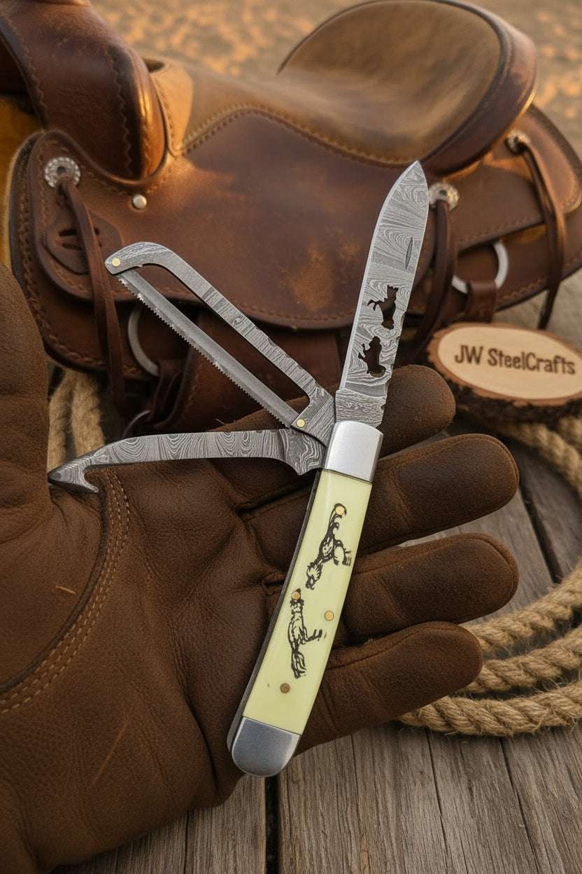 Palmarius Outdoors Ivory Stallion Trail Trapper Folder Knife 7" Handmade Damascus Steel with Ivory bone handle Trapper Knives
