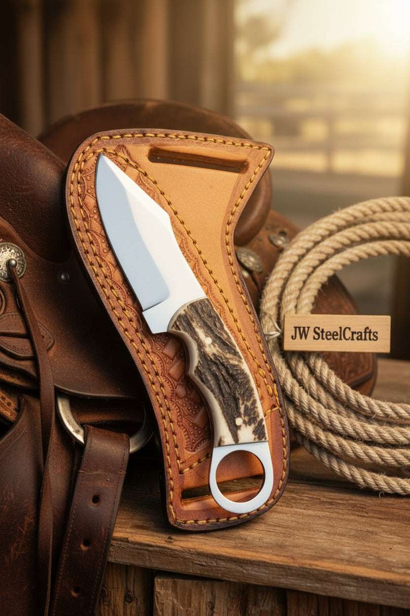 Palmarius Outdoors Finger Ring Stag Horn Caper Knife 8" Handmade Carbon Steel Blade Hunting Knife