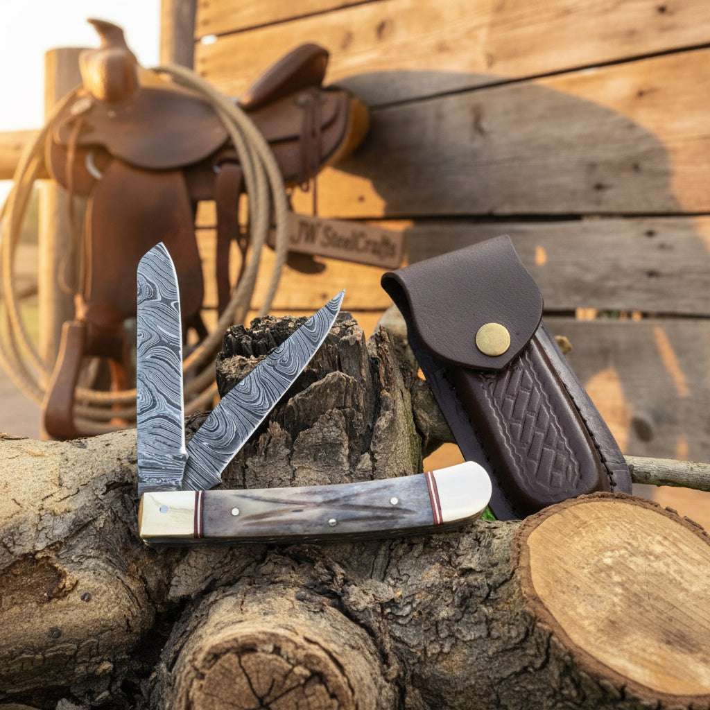 Palmarius Outdoors Damascus Steel Trapper Knife 4" with Bone Handle, Folding Pocket Knife 