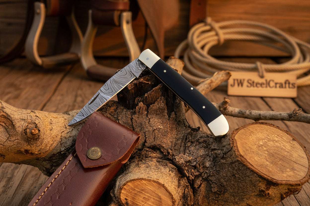 Palmarius Outdoors Executive Slipjoint Damascus Folder with Black Resin Handle Folding Knife