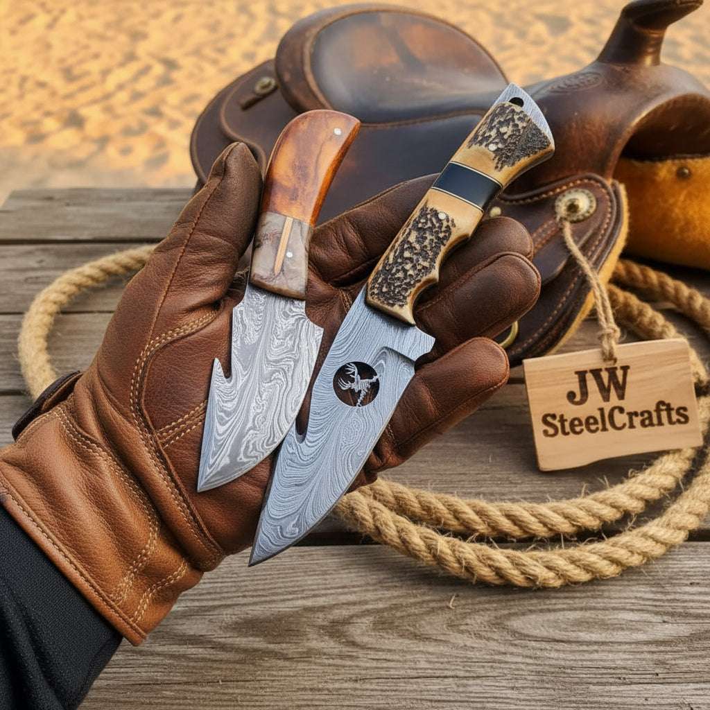 Palmarius Outdoors Fielddraw Gut Hook Knife 8" Handmade Damascus Stag Bone Handle Handmade Gut Hook Knives