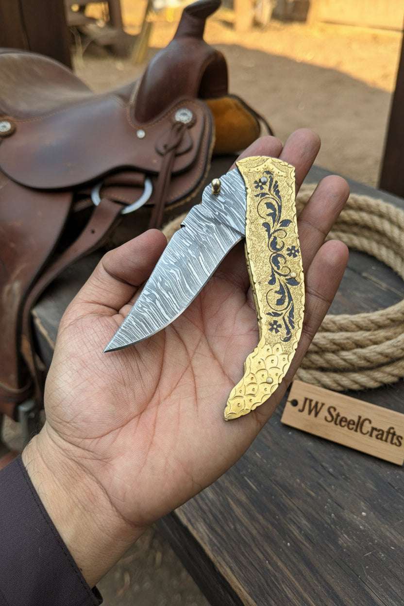 Palmarius Outdoors Calligraphy Engraved Brass Folder Knife 10" Handmade Damascus Blade Back Lock Folder
