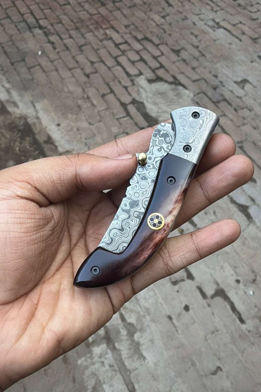 Palmarius Outdoors Twilight Burl Folder Knife 7" Handmade Burl Wood Damascus Blade Folding Knife