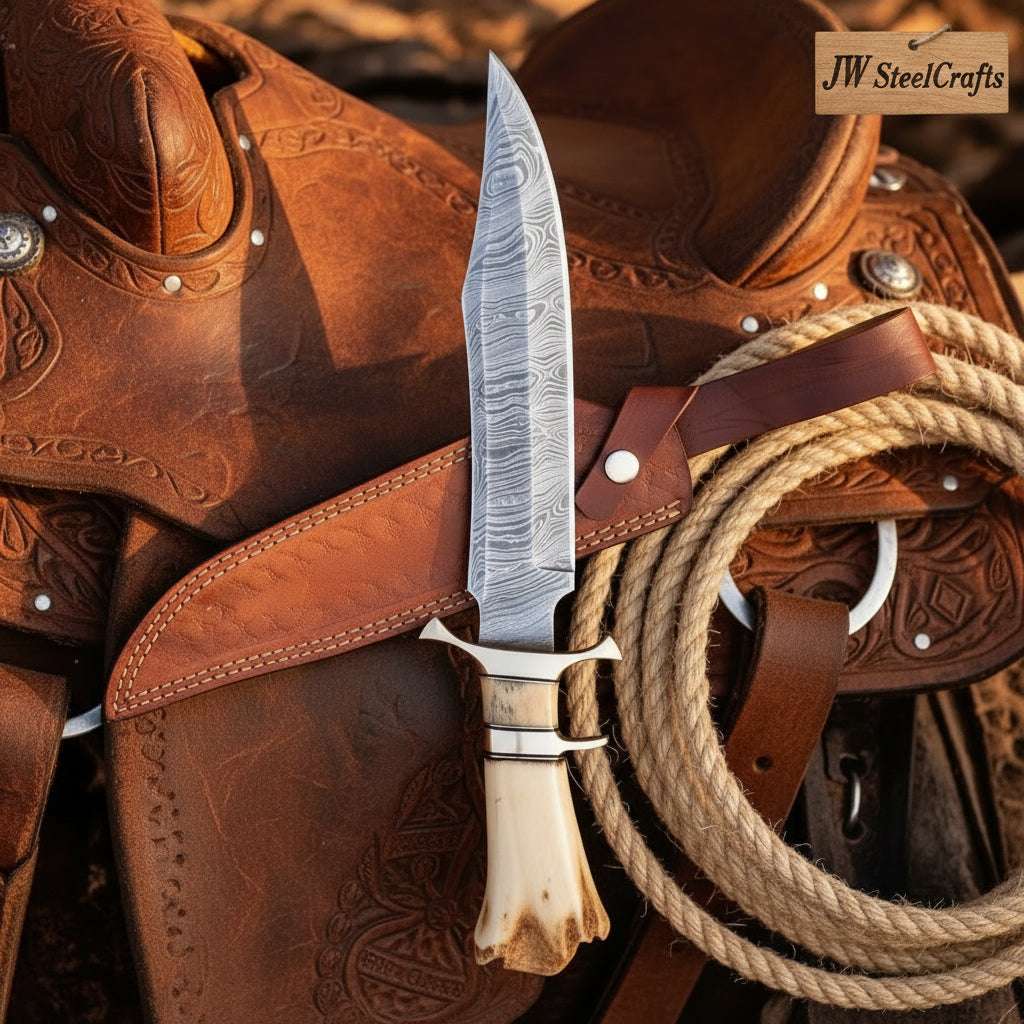 Palmarius Outdoors Frontier Stag Bowie Knife 10" Handmade Damascus Stag Antler Handle Bowie Knife