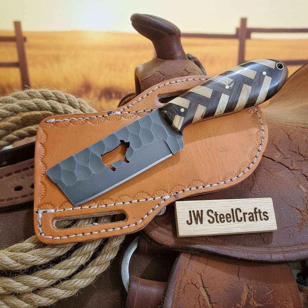 Palmarius Outdoors Bear Cutout Herringbone Cleaver Knife 8" Handmade Carbon Steel Chef Knife