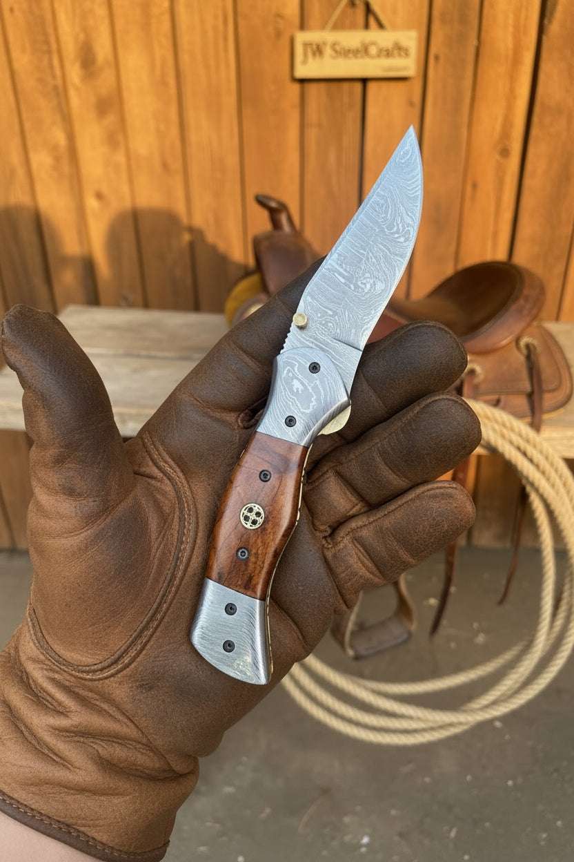 Palmarius Outdoors Dusty Trail Pocket Knife 7" Handmade Damascus Steel Folding Knife | JW Steelcrafts Folding Knife
