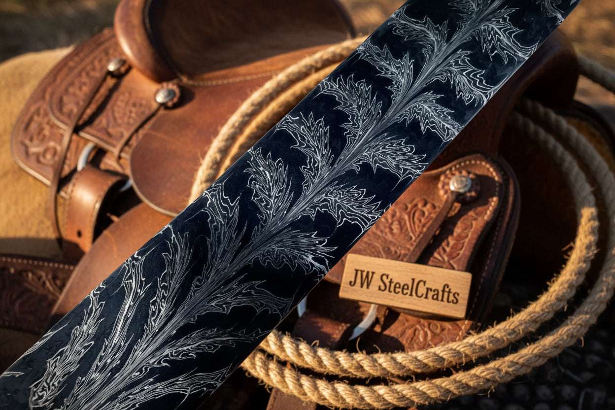 Palmarius Outdoors Frostleaf Damascus Billet 14" Handmade Feather Leaf Pattern Bullet bar