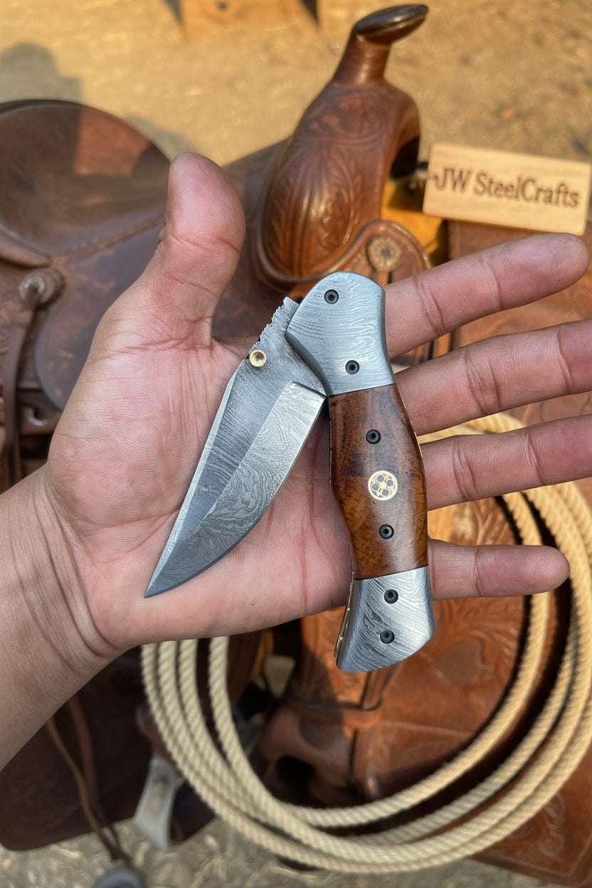 Palmarius Outdoors Dusty Trail Pocket Knife 7" Handmade Damascus Steel Folding Knife | JW Steelcrafts Folding Knife