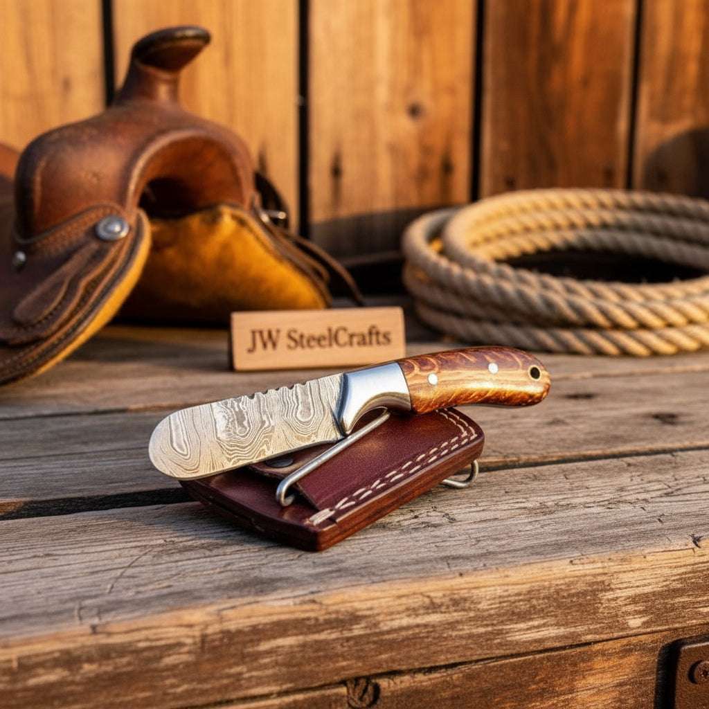 Palmarius Outdoors Amber Grain Ranch Drop Point Knife 6" Handmade Damascus Steel Wood Handle Bull Cutter Knives Set