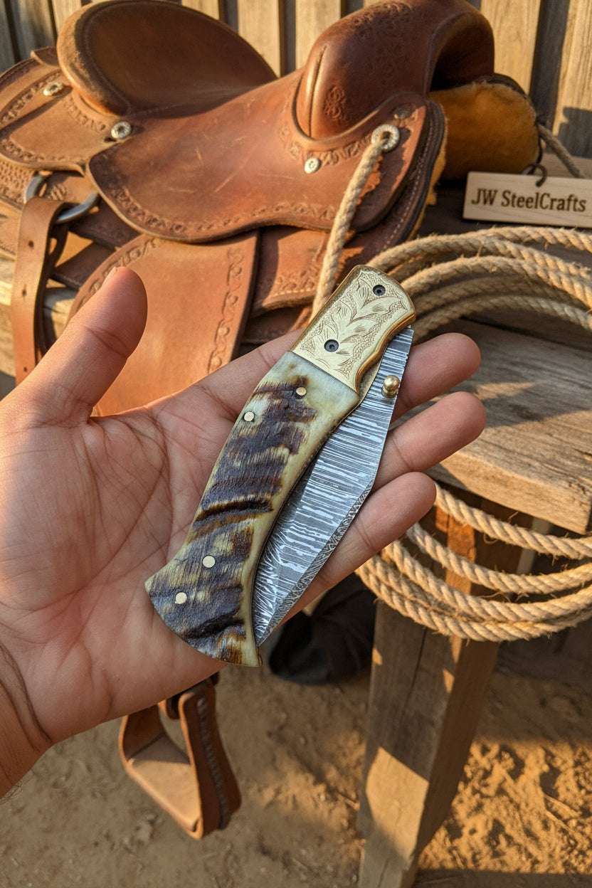Palmarius Outdoors Stagline Damascus Folder 7" Handmade Horn Handle Damascus Bolster Folding Knife