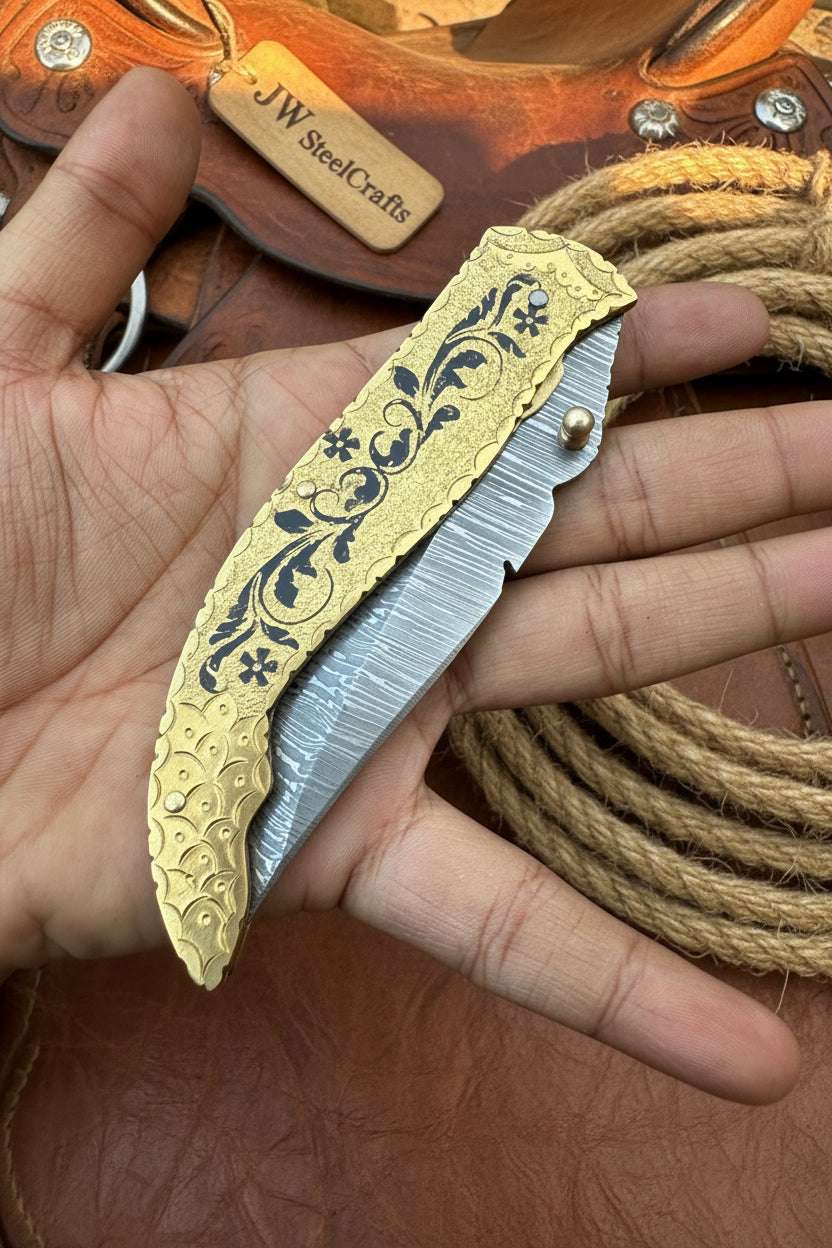 Palmarius Outdoors Calligraphy Engraved Brass Folder Knife 10" Handmade Damascus Blade Back Lock Folder
