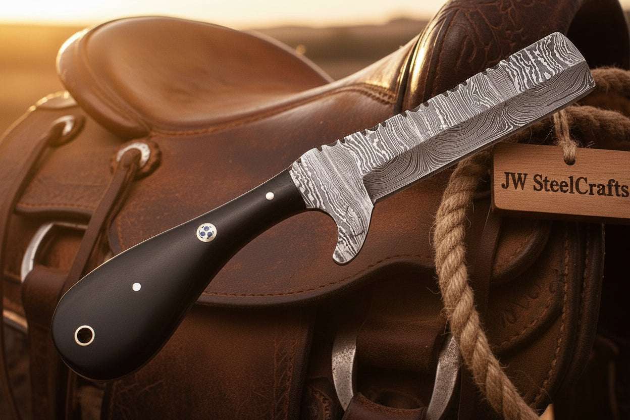 Palmarius Outdoors Blackhorn Bull Cutter Knife 7" Handmade Ladder Damascus Black Resin Handle Bull Cutter Knives Set