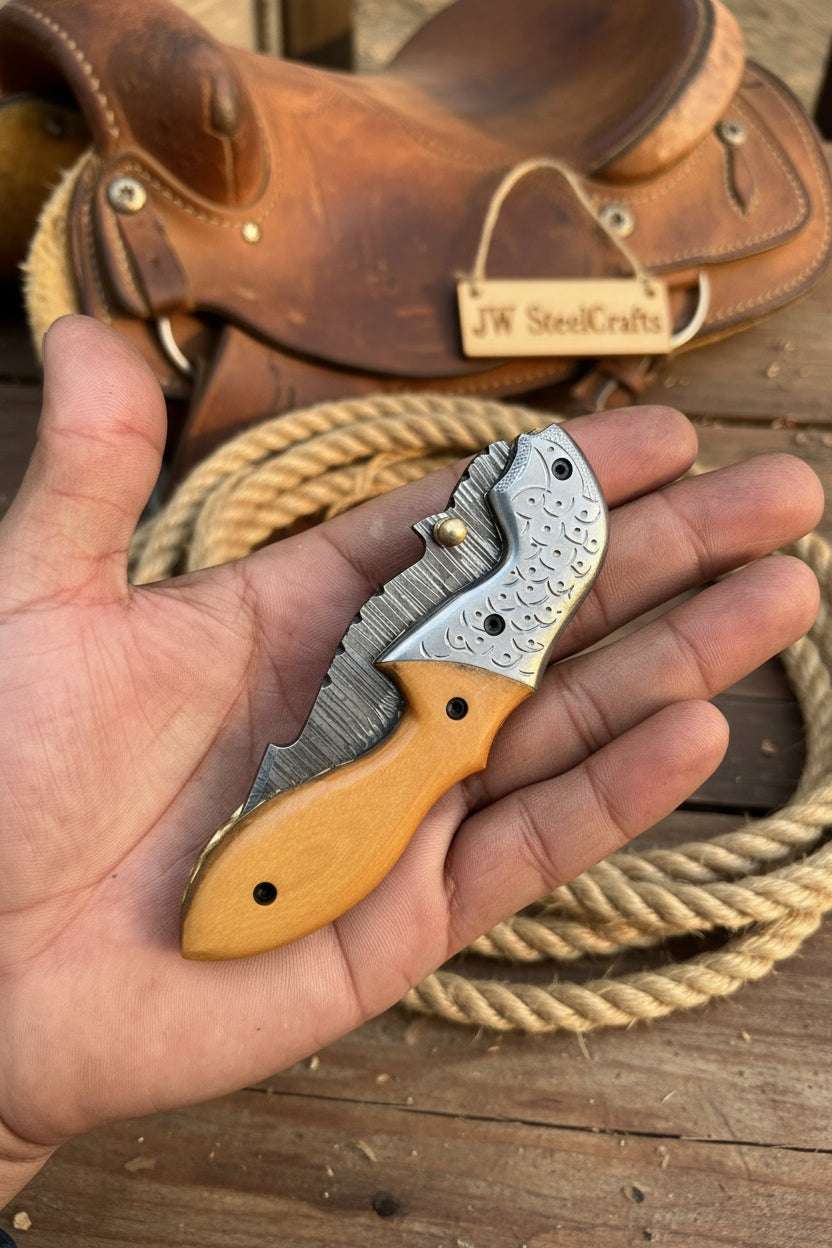 Palmarius Outdoors Honeywood Hawkbill Folder Knife 8" Handmade Wood Handle Damascus Blade Folding Knife