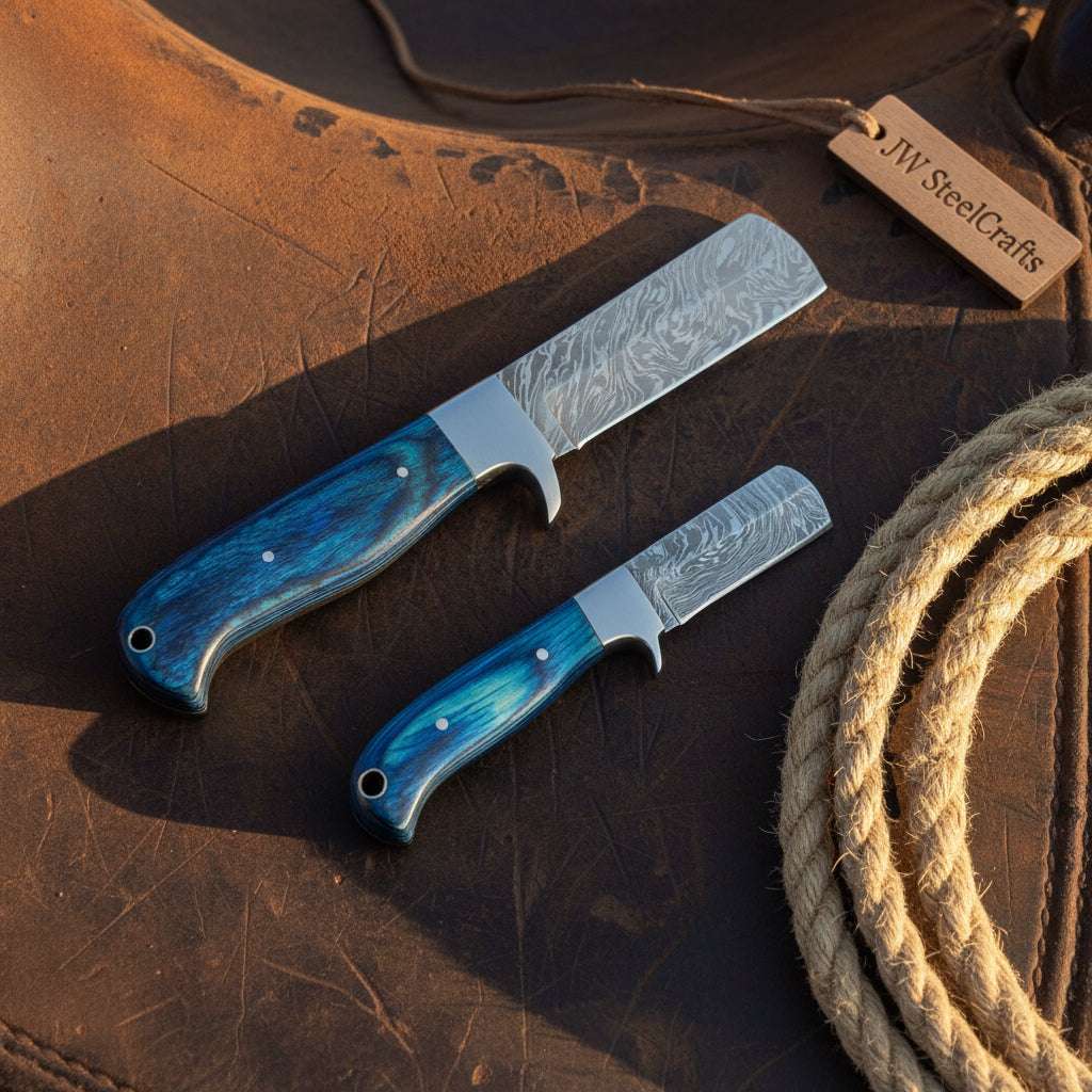 Palmarius Outdoors Cobalt Wave Bull Cutter Duo Knife 6" Handmade Damascus Set of 2 Bull Cutter Knives Set
