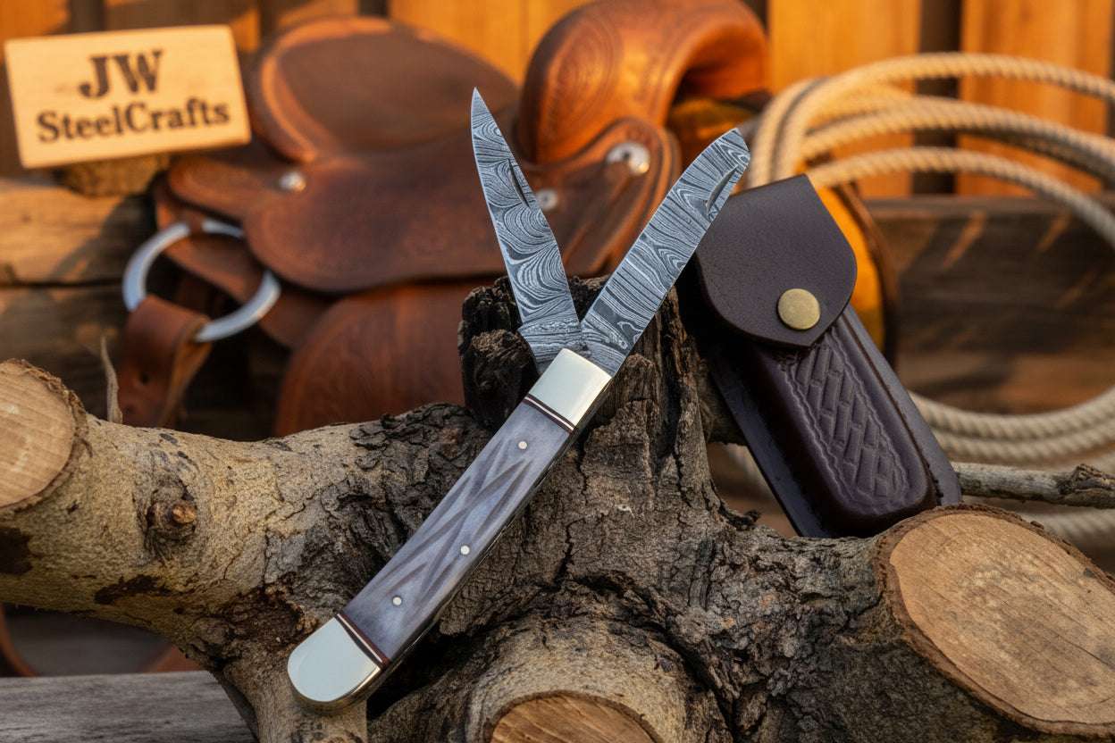 Palmarius Outdoors Damascus Steel Trapper Knife 4" with Bone Handle, Folding Pocket Knife 