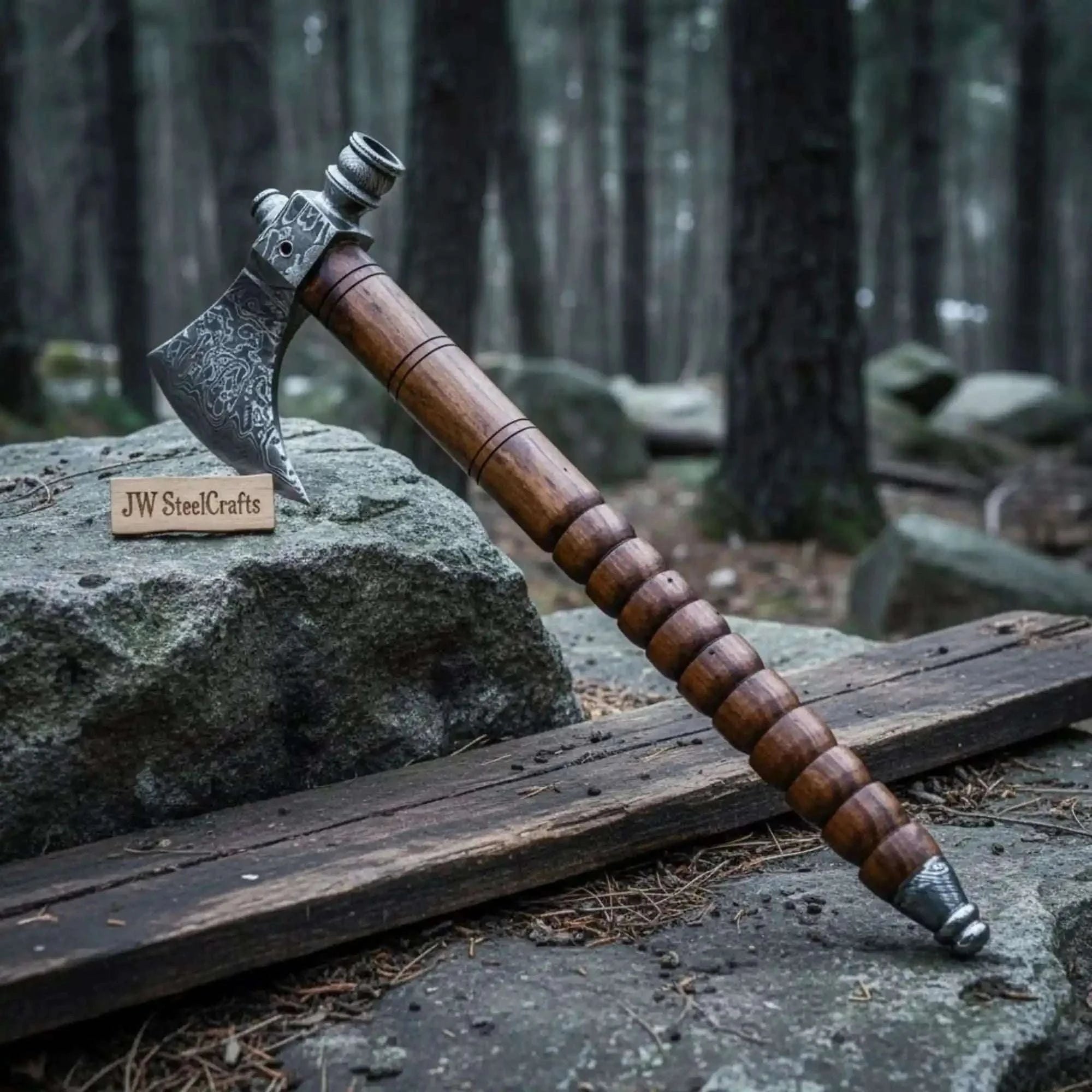 Palmarius Outdoors Hand Forged Damascus Smoking Axe with Ringed Hardwood Handle and Leather Sheath | JW SteelCrafts Handmade Axe