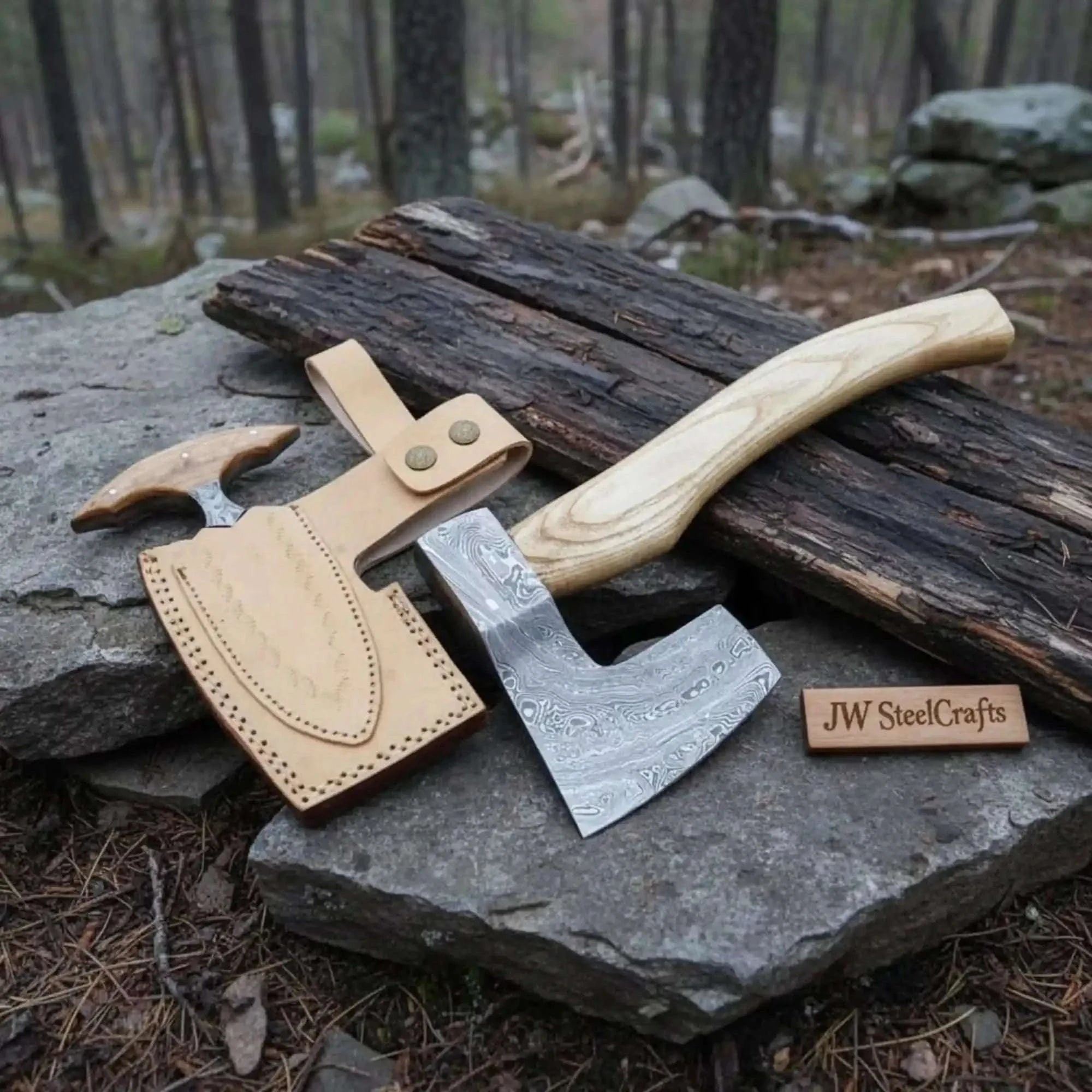 Palmarius Outdoors Handmade Damascus Steel Viking Axe and Matching Knife Set with Ash Wood Handle and Leather Sheath Handmade Axe