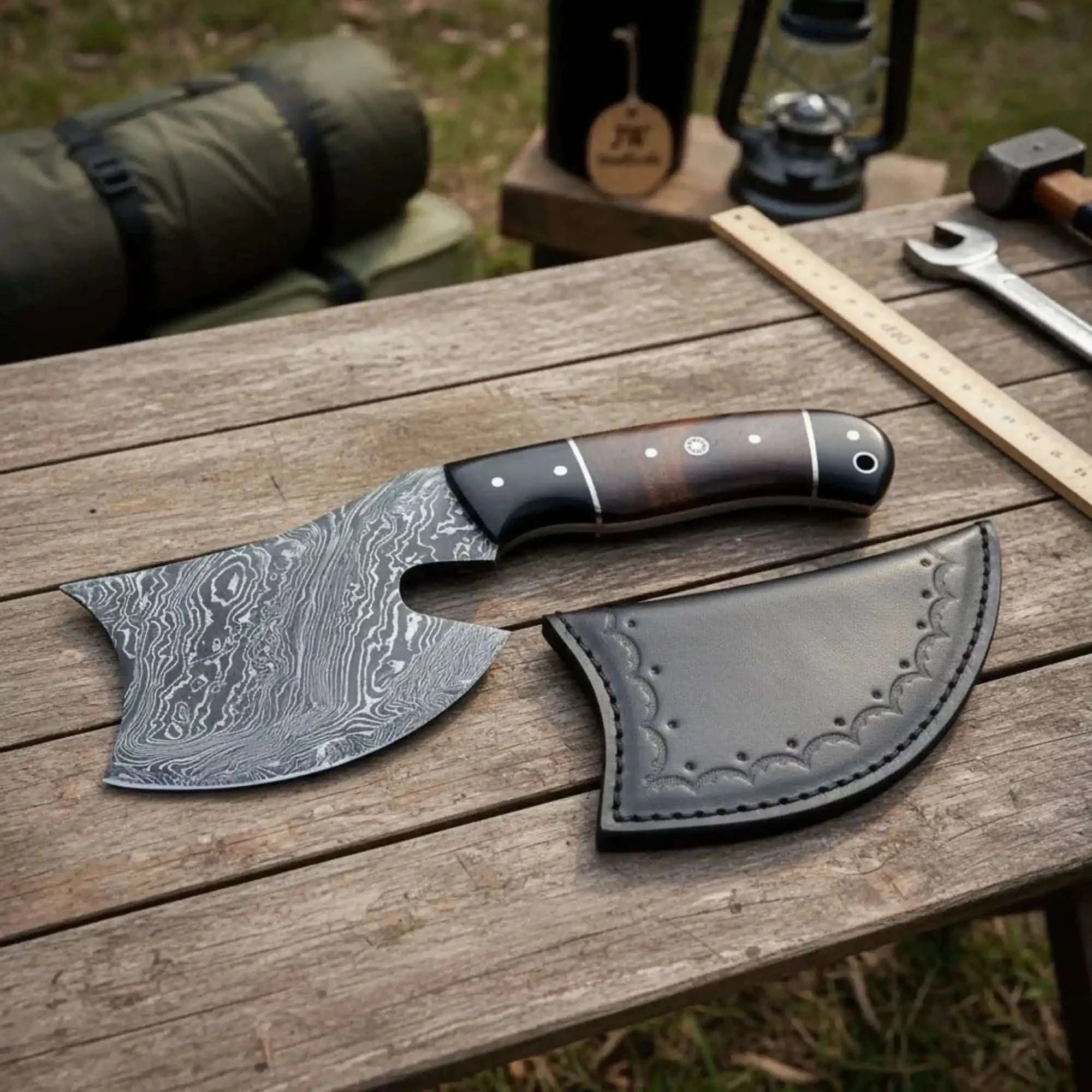 Palmarius Outdoors Kaelwyn Damascus Cleaver Hatchet with Layered Wood Scales Handmade Axe
