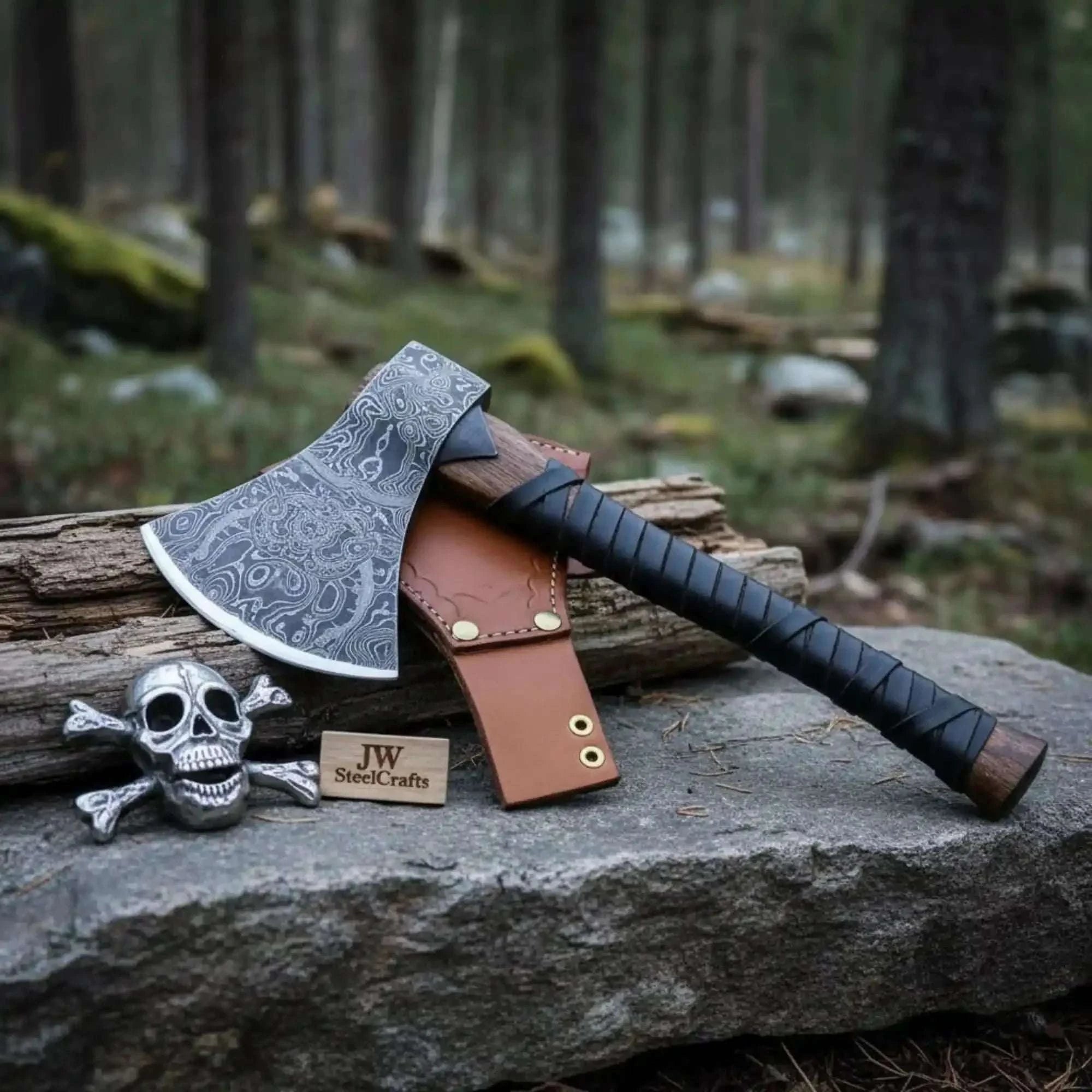 Palmarius Outdoors Heavy-Duty Damascus Camp Axe with Leather Wrap Handle Handmade Axe