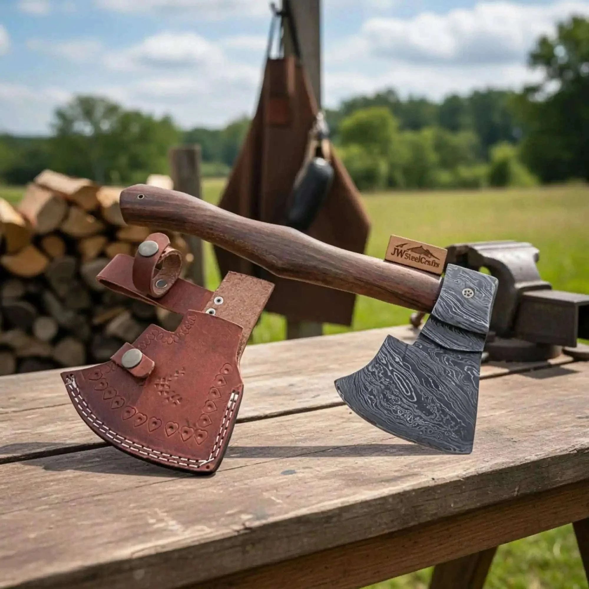 Palmarius Outdoors Dravenwood Damascus Field Axe with Straight Hardwood Handle Handmade Axe