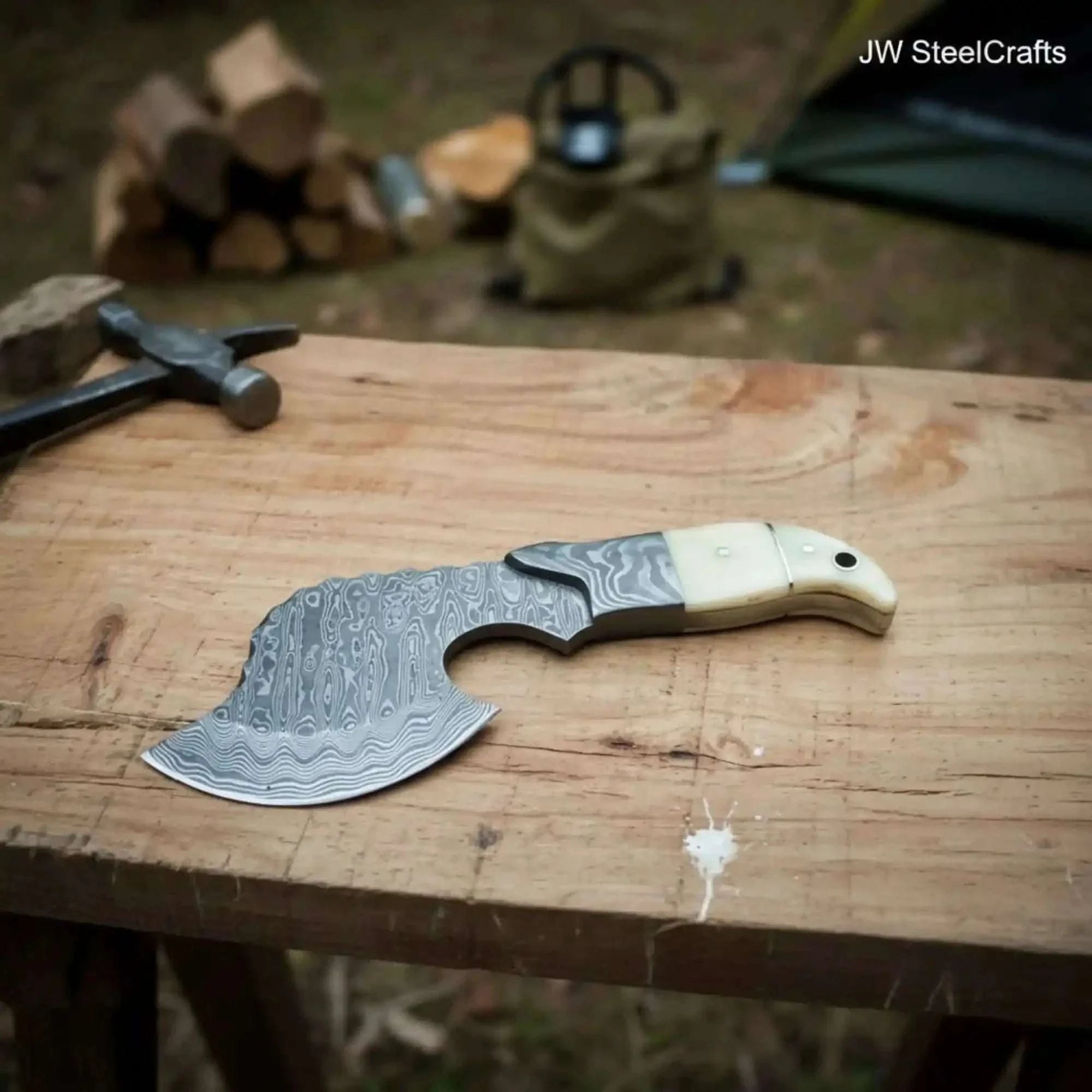 Palmarius Outdoors Damascus Cleaver Hatchet with Broad Forged Blade Handmade Axe