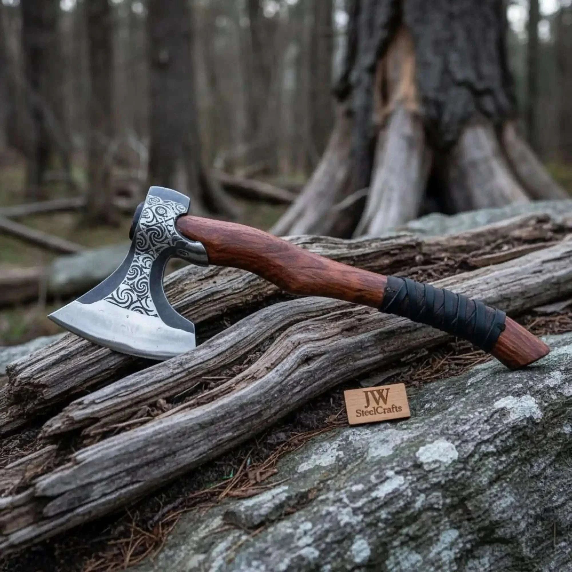 Palmarius Outdoors Hand-Engraved Nordic Hatchet, Polished Carbon Steel Head, Curved Hardwood Handle | JW SteelCrafts Handmade Axe