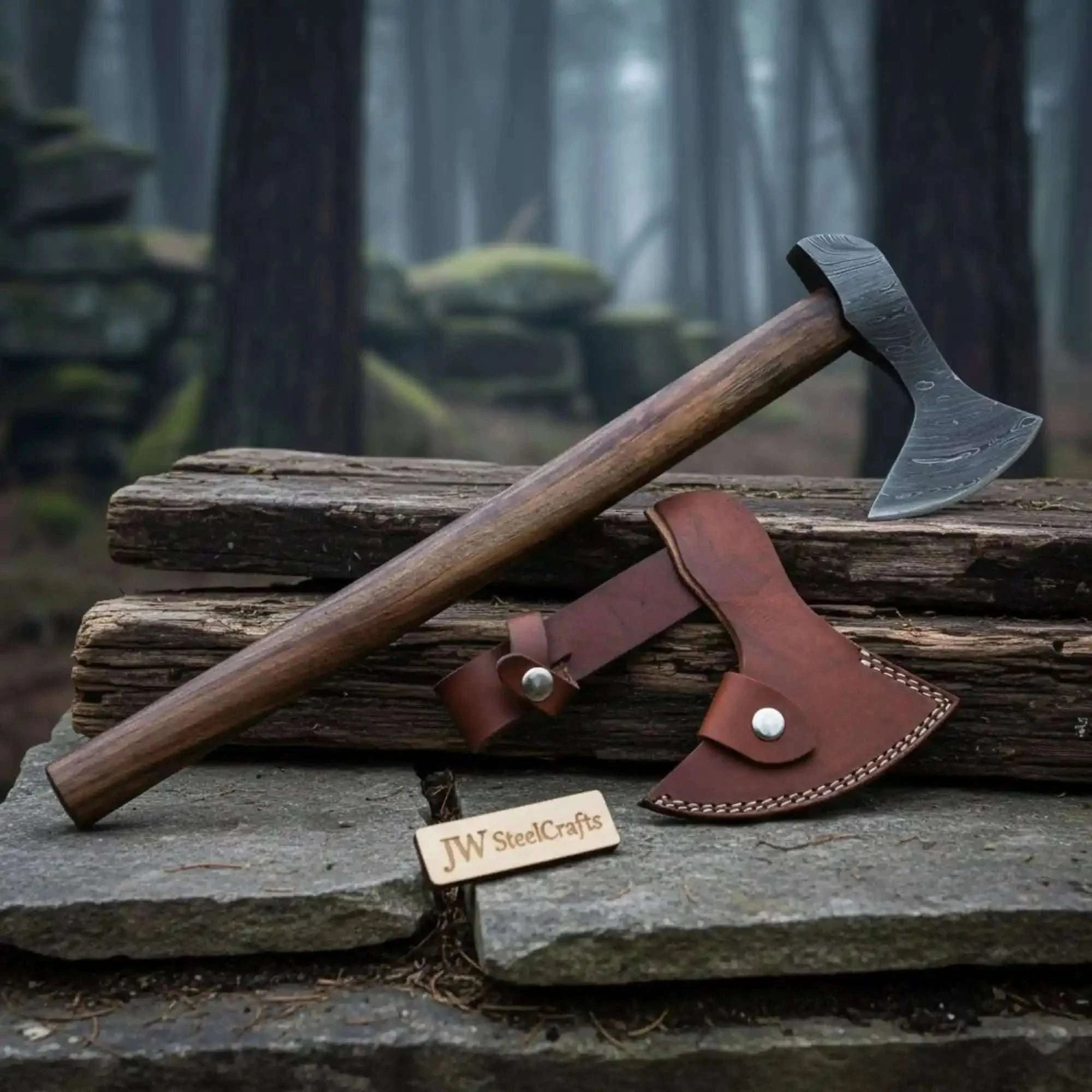 Palmarius Outdoors Damascus Long Handle Camp Axe with Forged Bearded Head Handmade Axe