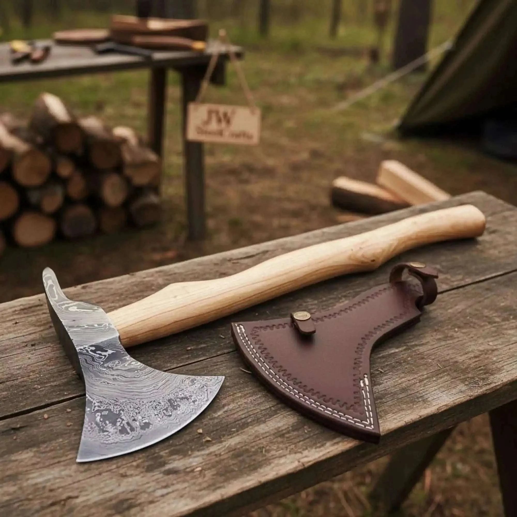 Palmarius Outdoors Damascus Camping Axe with 22 Inch Ash Handle – Hand Forged Bushcraft Axe with Leather Sheath | JW SteelCrafts Handmade Axe