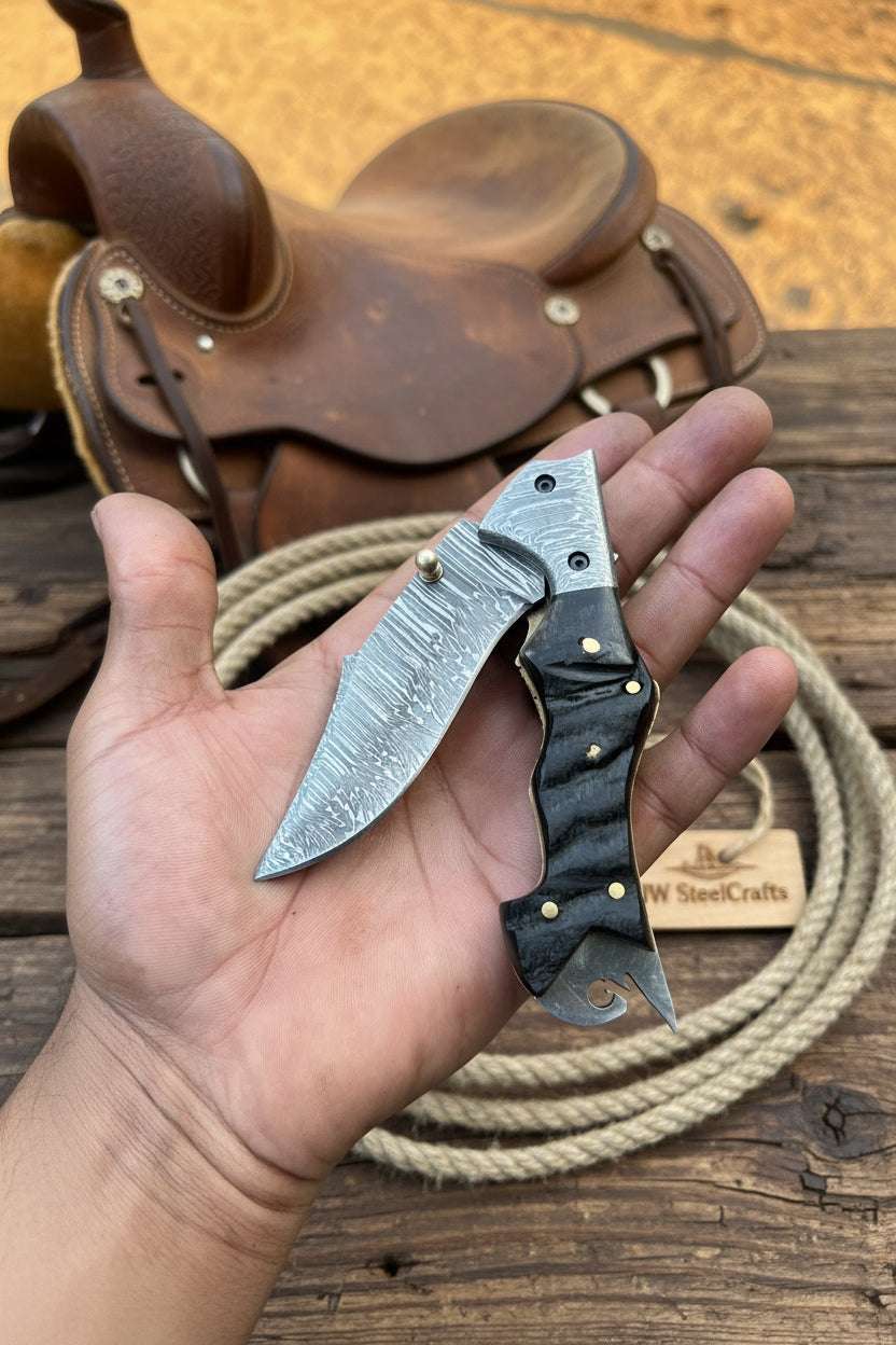 Palmarius Outdoors Grithorn Damascus Folder 7" Handmade Horn Handle Lock Back Mechanism Back Lock Folder