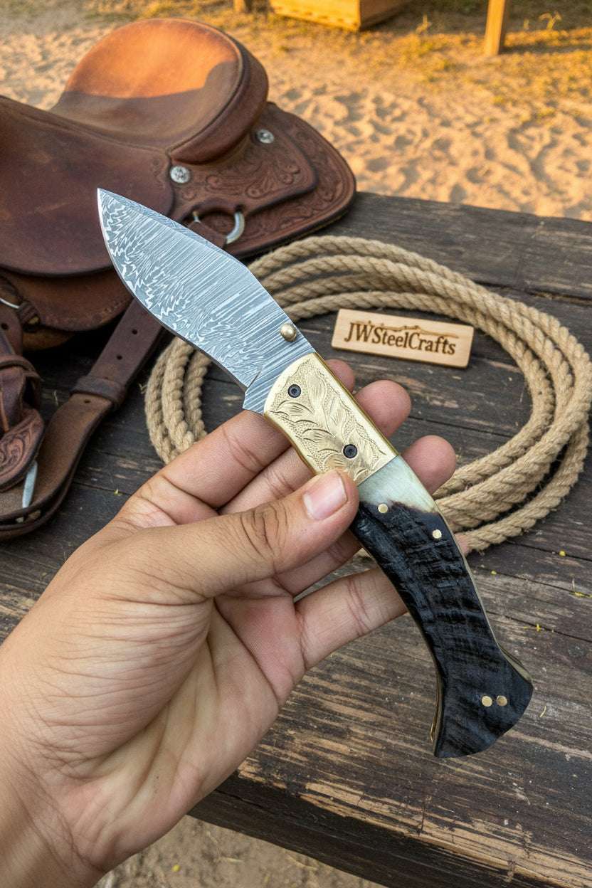 Palmarius Outdoors Stagline Damascus Folder 7" Handmade Horn Handle Damascus Bolster Folding Knife