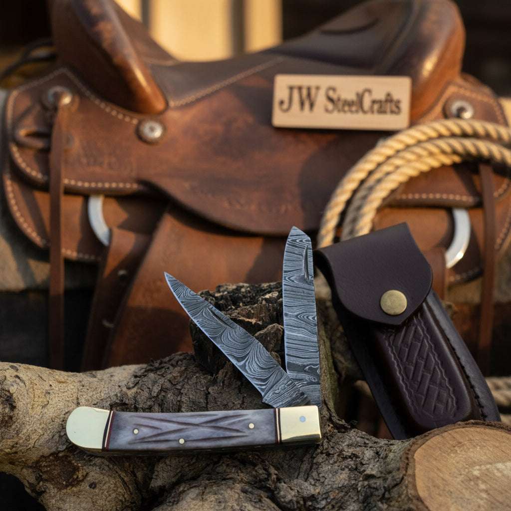 Palmarius Outdoors Damascus Steel Trapper Knife 4" with Bone Handle, Folding Pocket Knife 