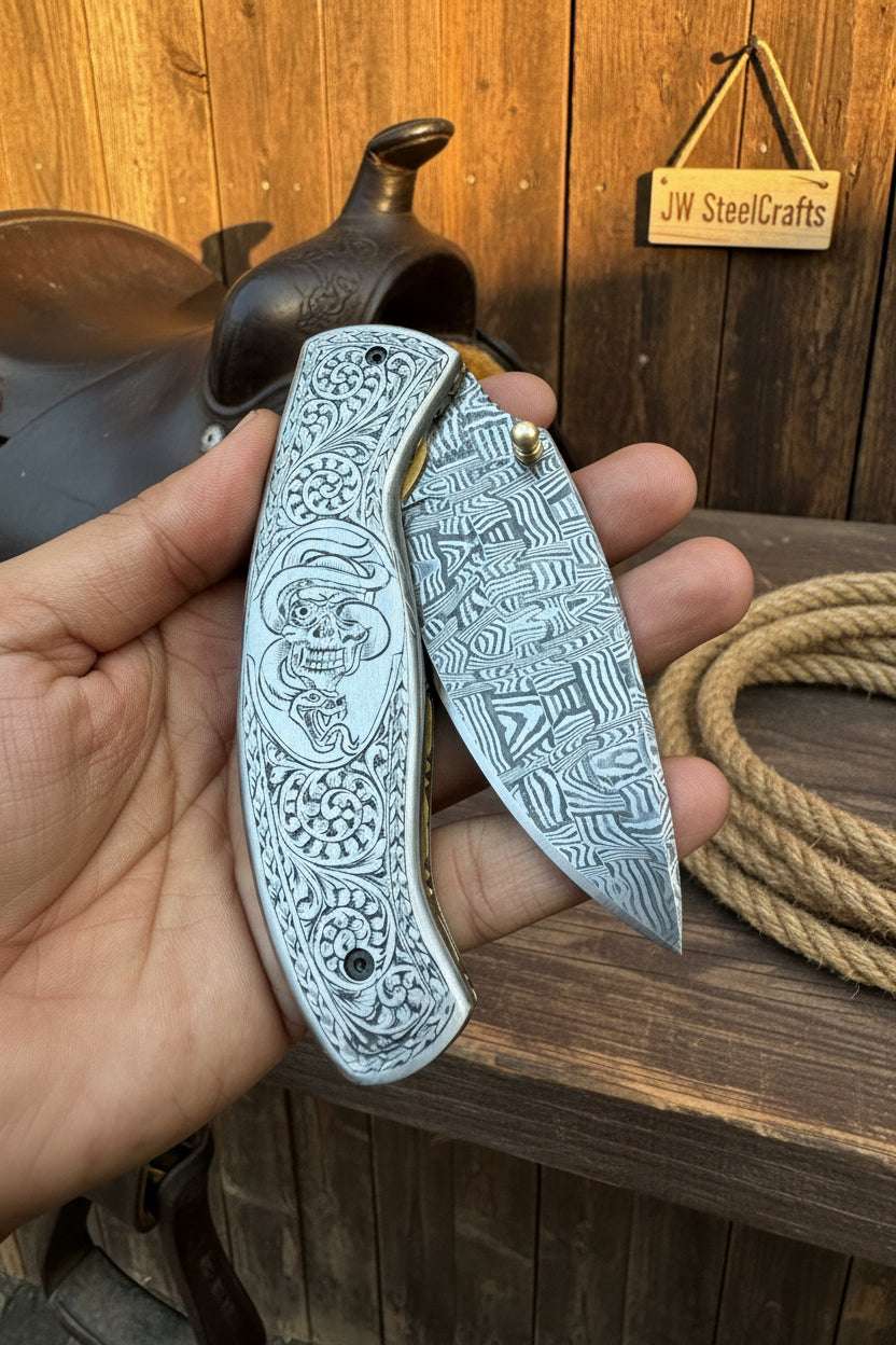 Palmarius Outdoors Obsidian Mosaic Folder Knife 8" Handmade Damascus Liner Lock Liner Lock Folder