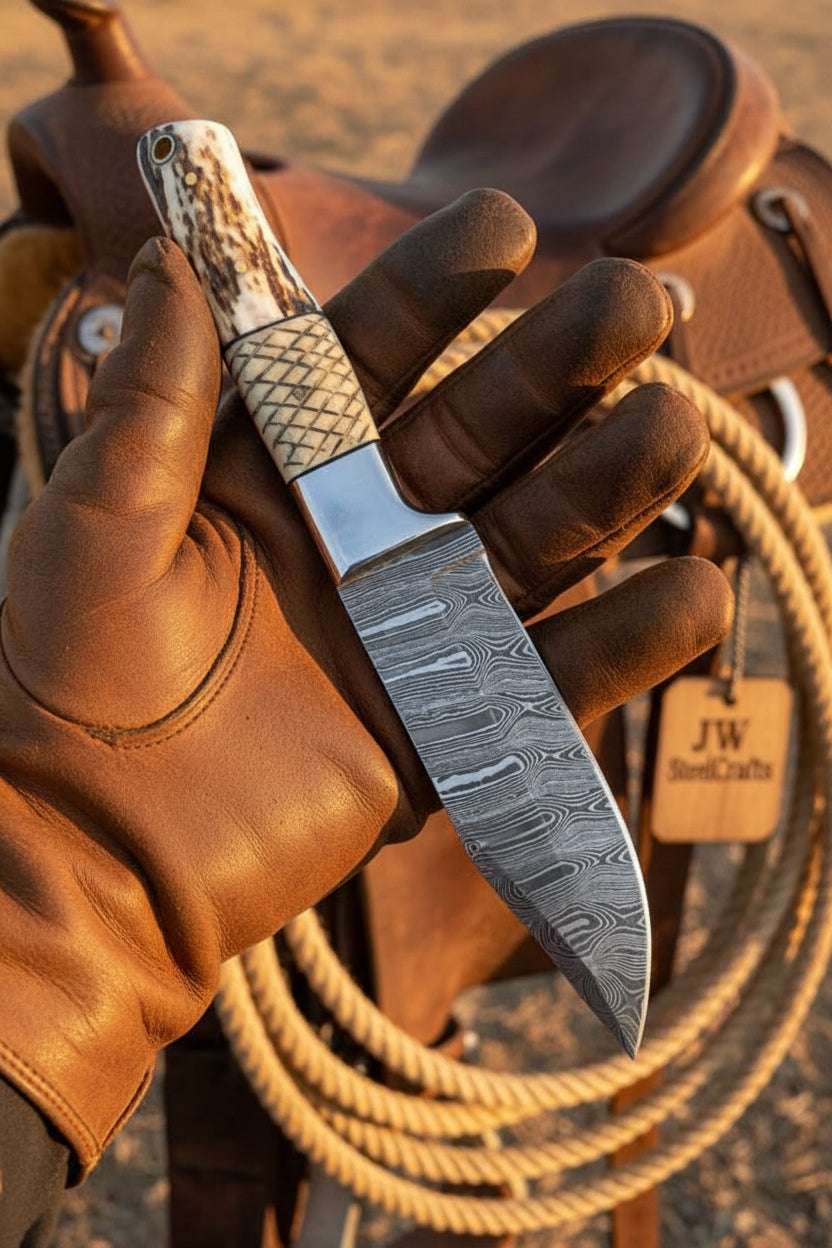 Palmarius Outdoors Frontier Stag Damascus Hunting Knife 9" Cross-Hatch Stag Horn Hunting Knife