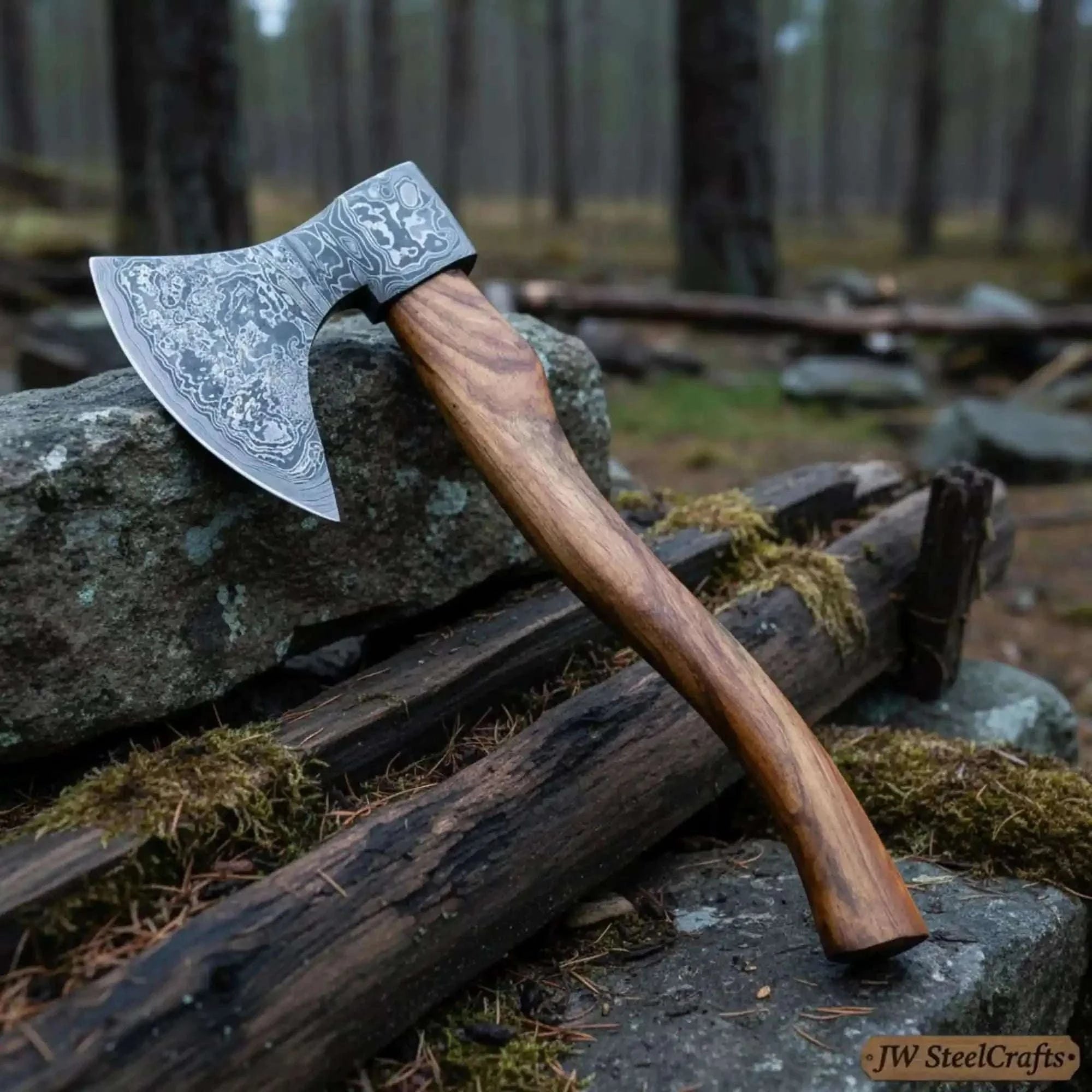 Palmarius Outdoors Nordic Damascus Camp Hatchet with Ergonomic Curved Hardwood Handle Handmade Axe